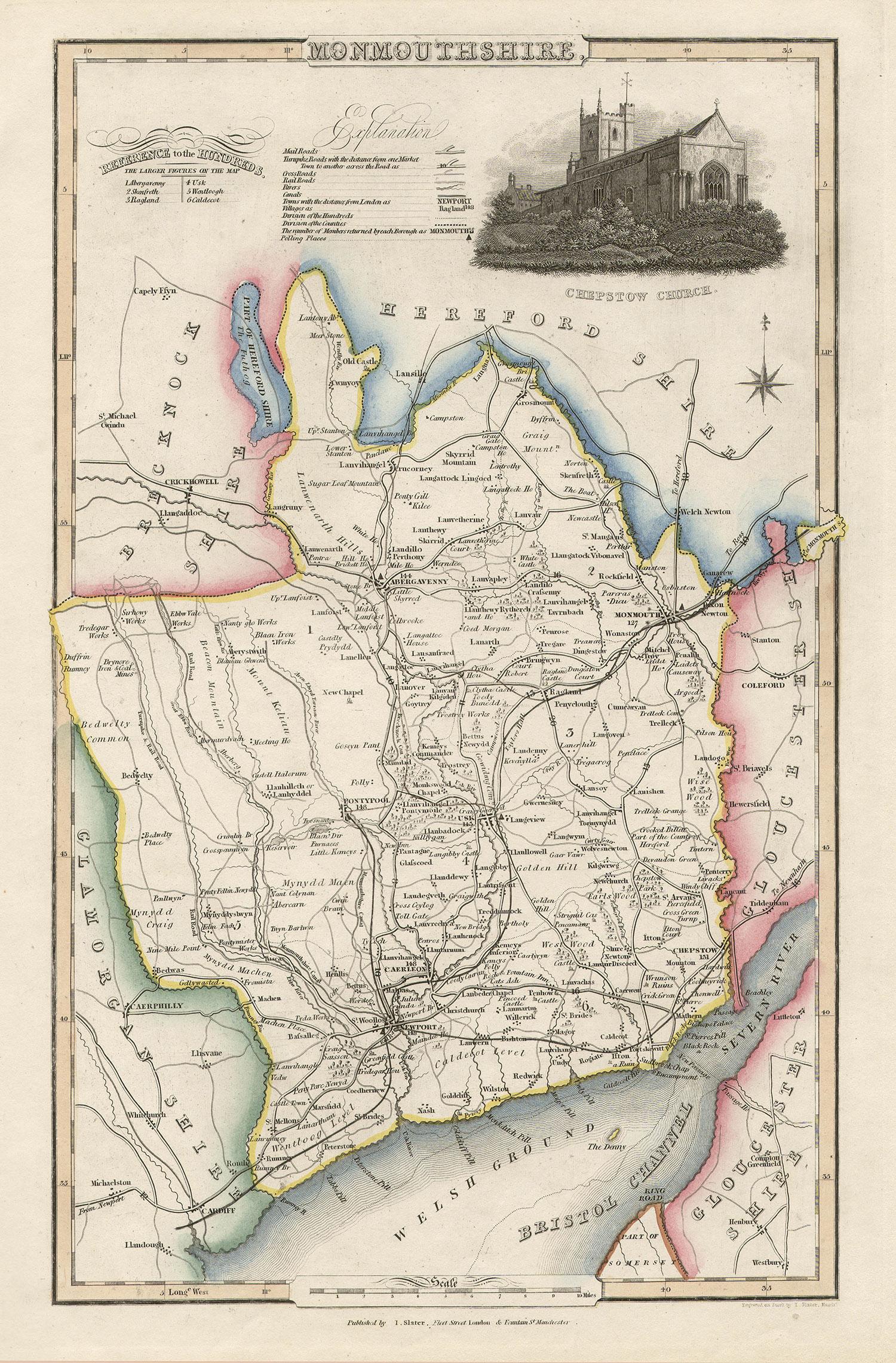 Isaac Slater Landscape Print - Monmouthshire, English County Antique map, 1847