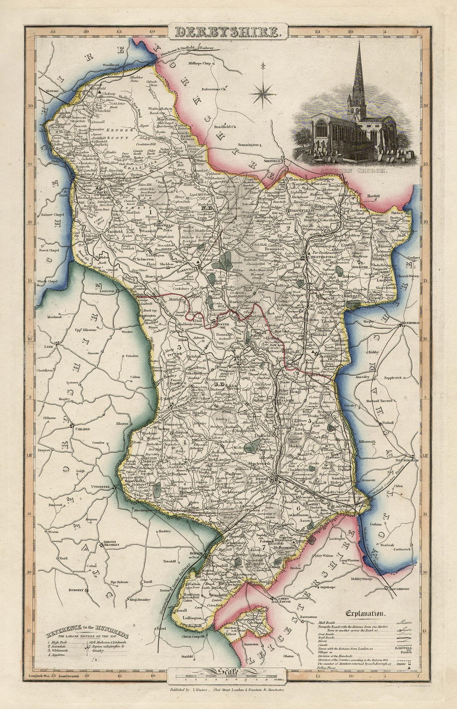 Landscape Print di Isaac Slater - Derbyshire, mappa antica della contea inglese, 1847