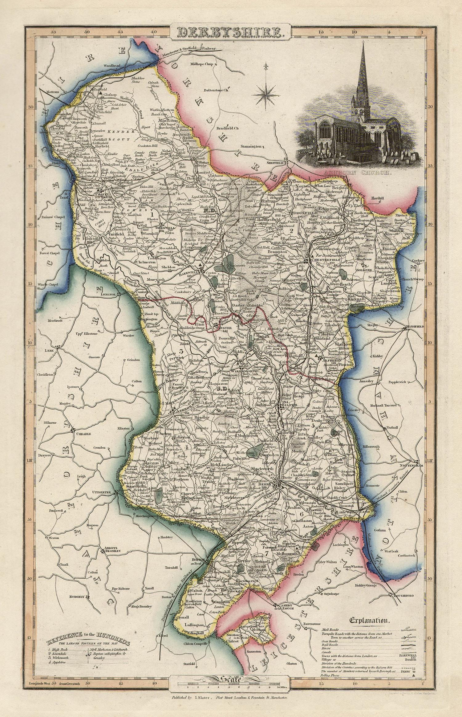 Isaac Slater Landscape Print - Derbyshire, English County Antique map, 1847