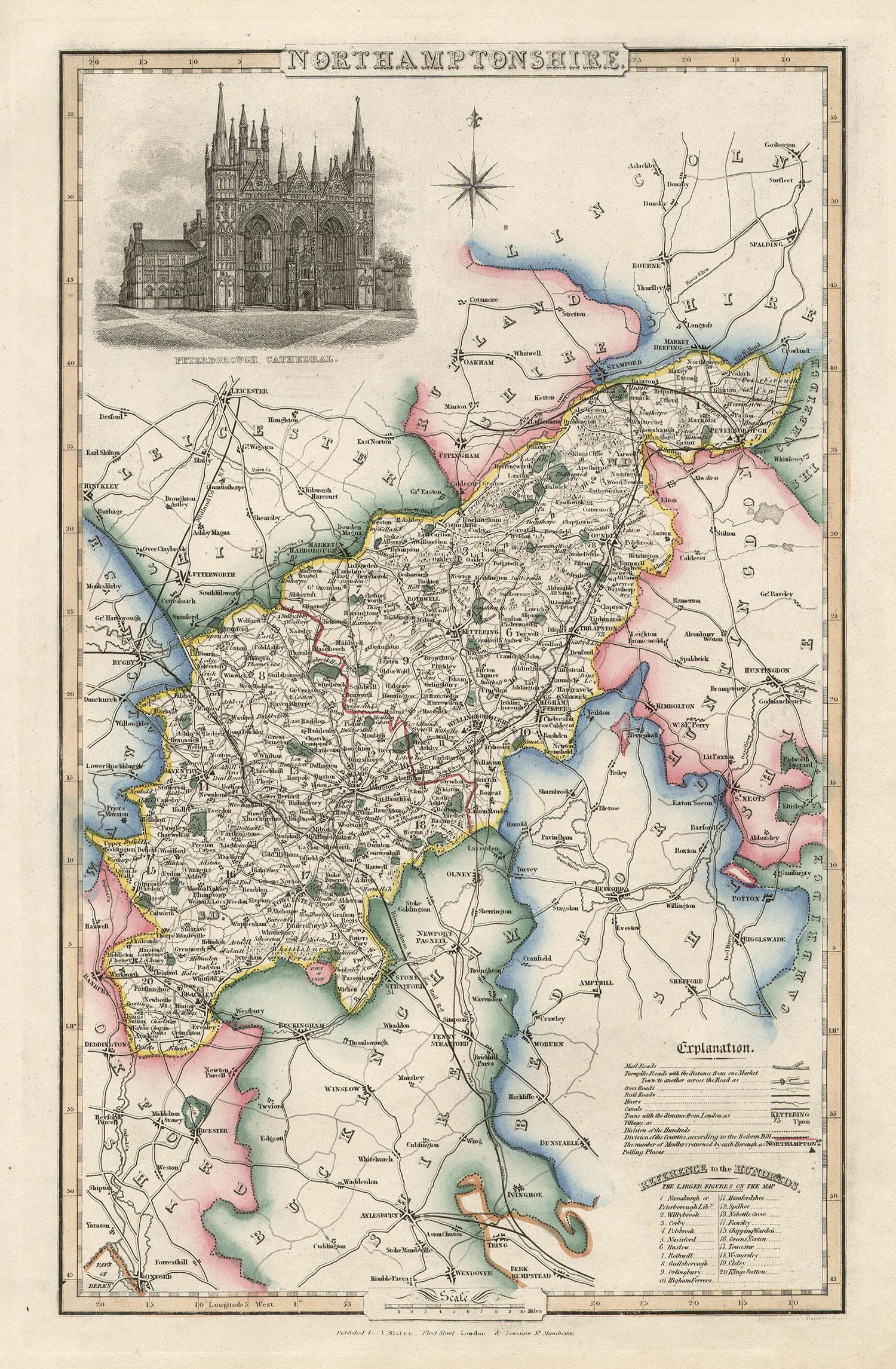 Carte ancienne du Northamptonshire, comté d'Angleterre, 1847