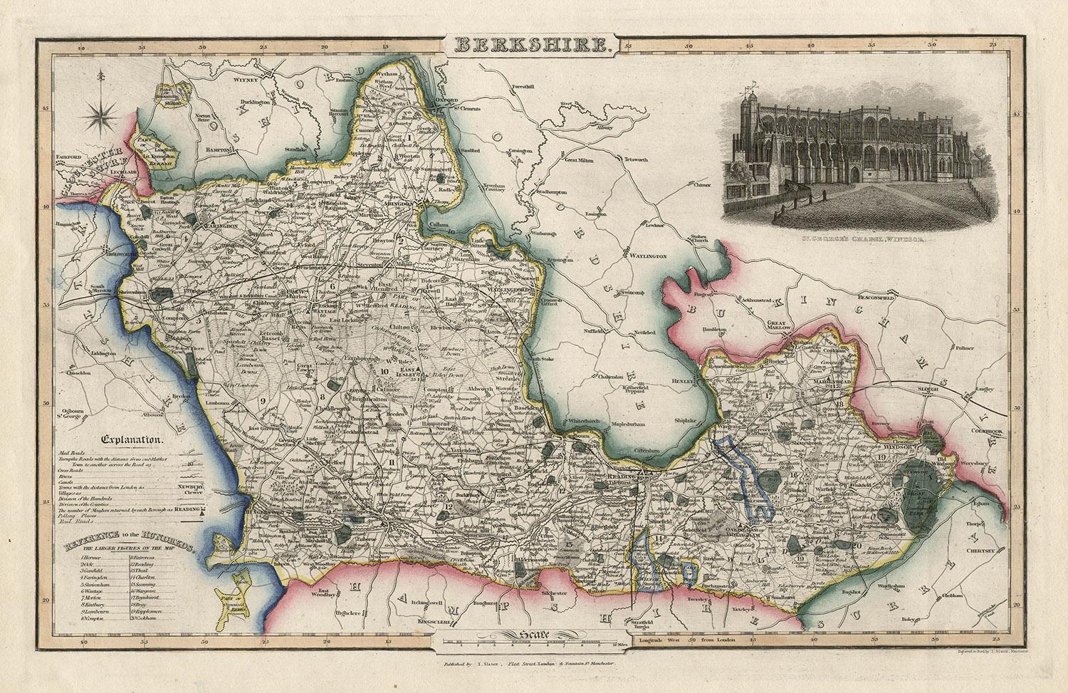 Isaac Slater Landscape Print - Berkshire, English County Antique map, 1847