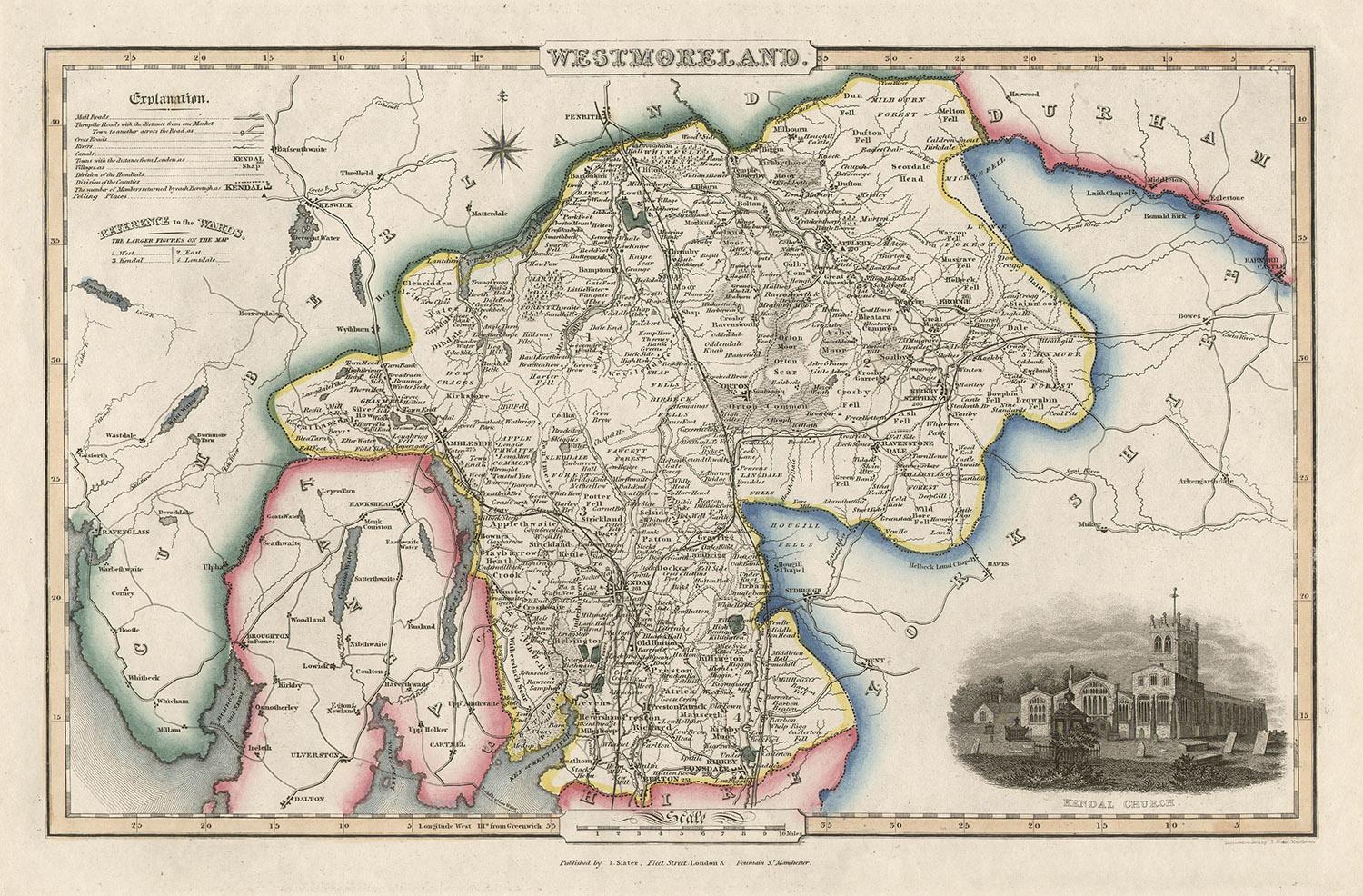 Isaac Slater Landscape Print - Westmoreland, English County Antique map, 1847