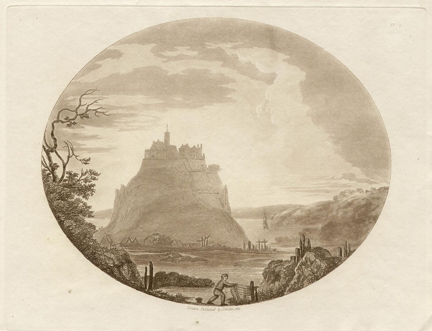 St Michael’s Mount, Cornwall, sepia aquatint, Charles Dibdin, 1801