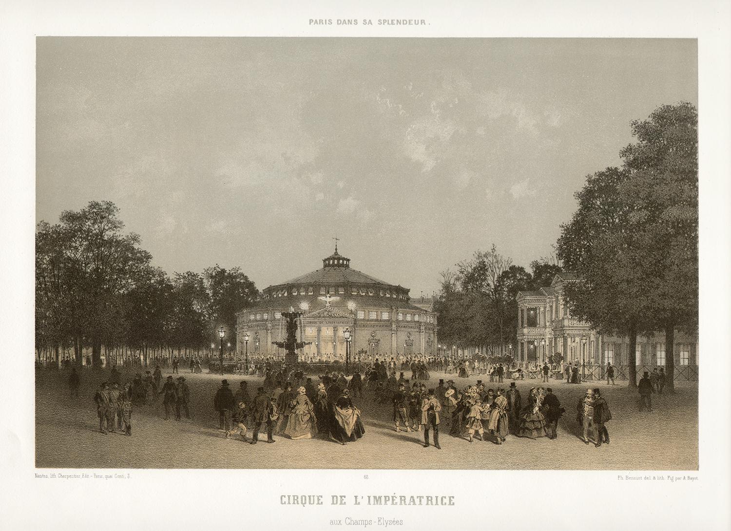 Felix Benoist Landscape Print - Paris - Cirque de L'Imperatrice, French lithograph, 1861
