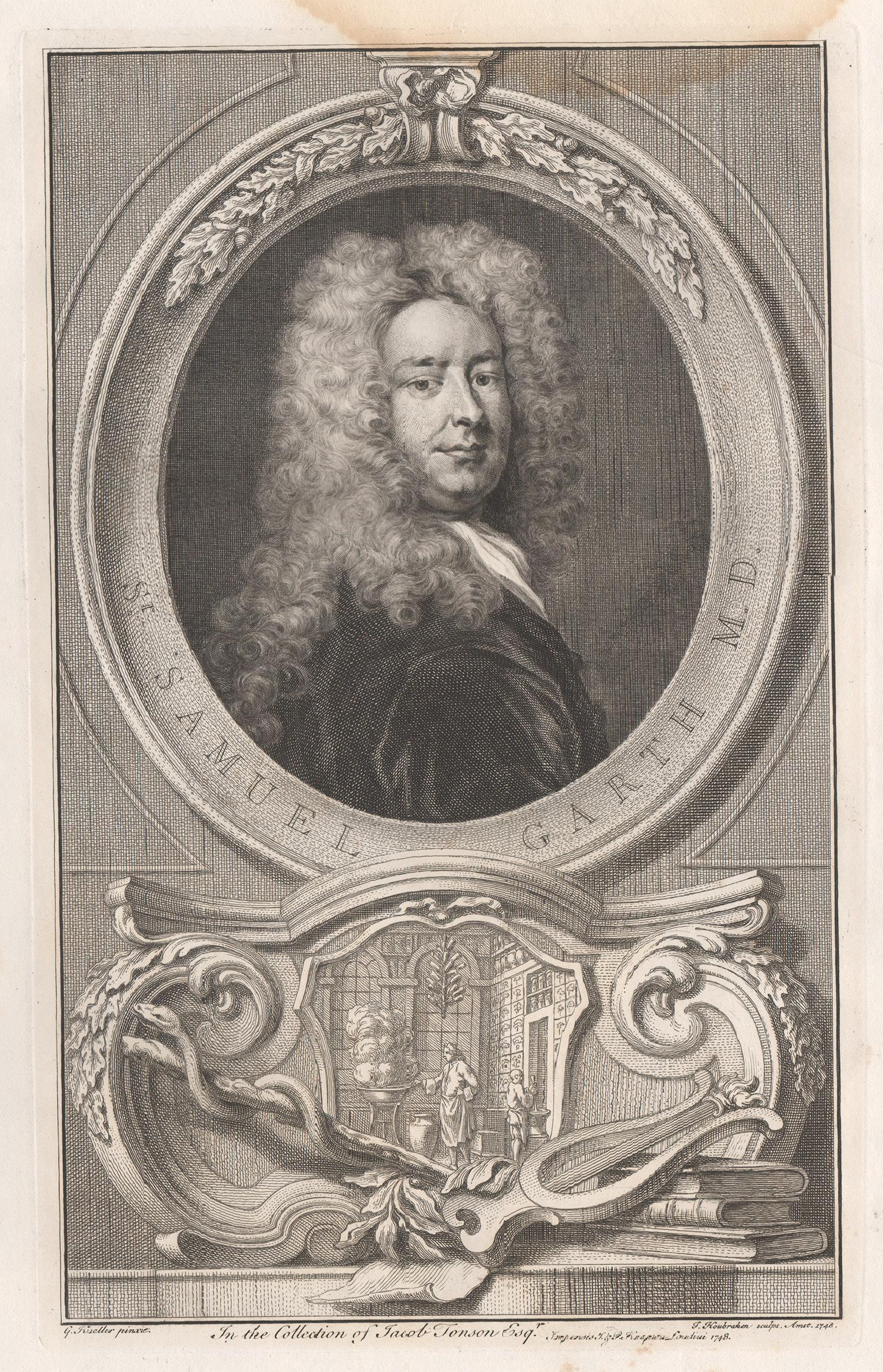 Jacobus Houbraken  Portrait Print - Samuel Garth, portrait engraving, c1820