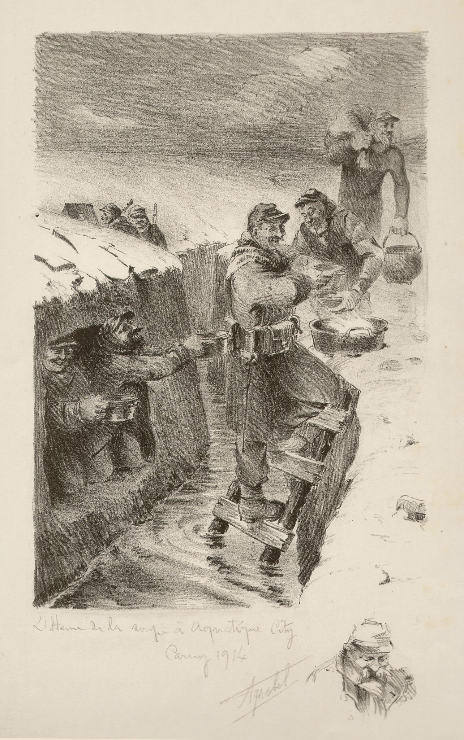 Portrait Print Francis Abel Truchet - L'heure de la soupe une ville aquatique, lithographie de la Première Guerre mondiale réalisée par Truchet, 1914