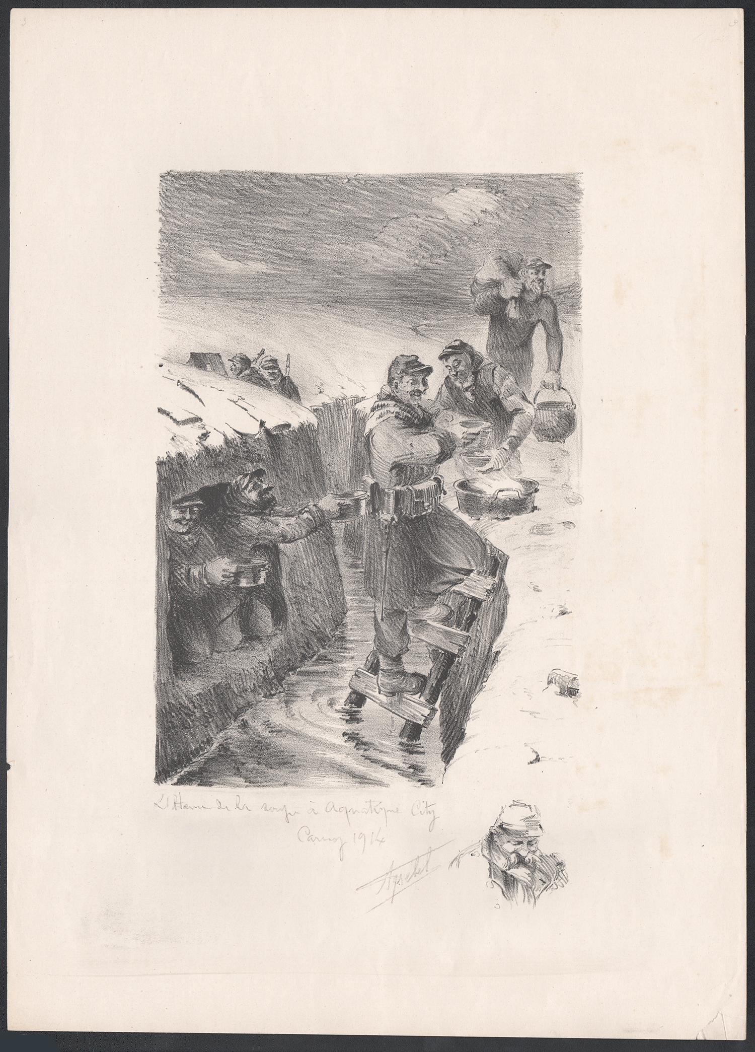 L'heure de la soupe une ville aquatique, lithographie de la Première Guerre mondiale réalisée par Truchet, 1914 - Print de Francis Abel Truchet