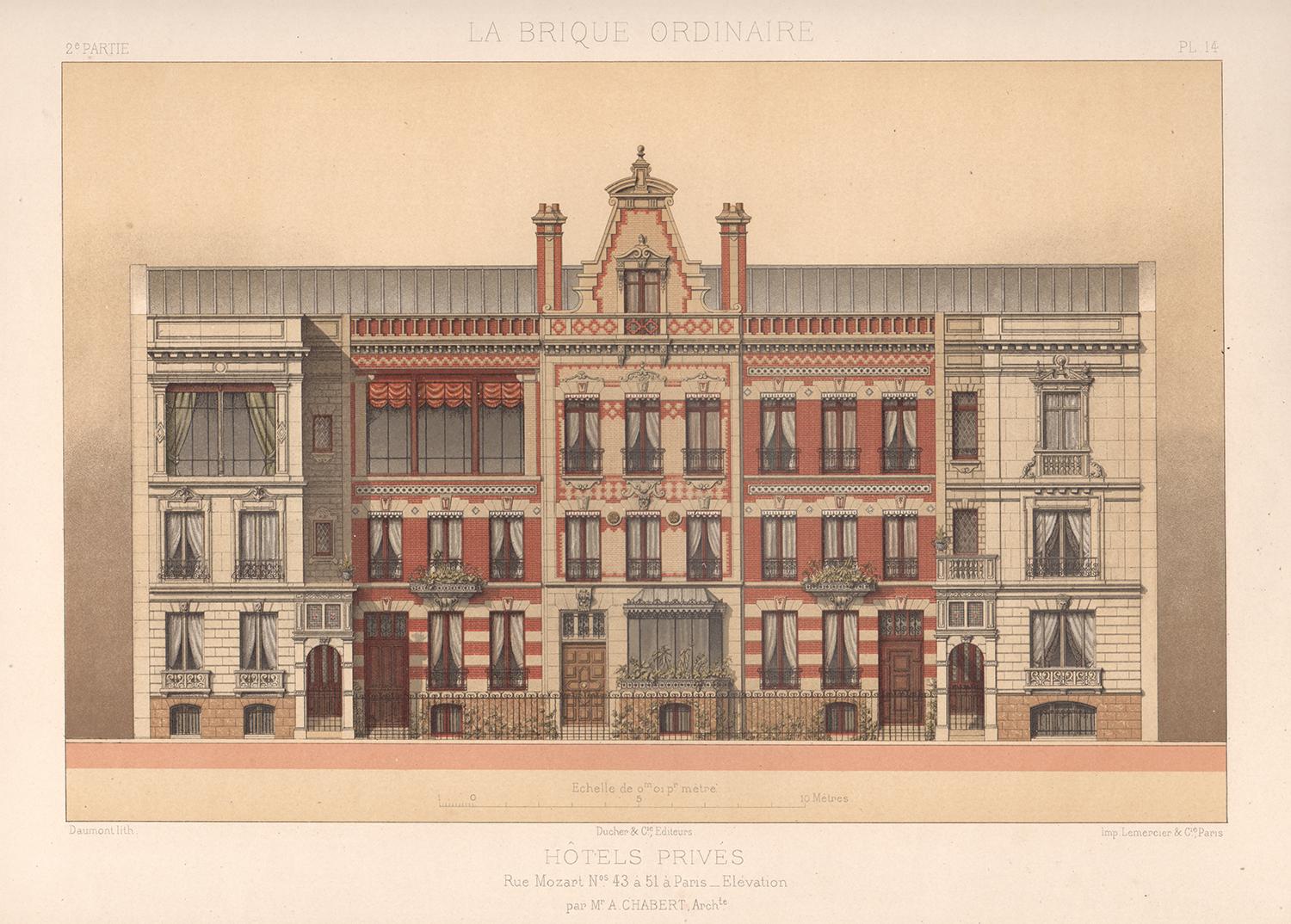Jean-Francois Daumont Landscape Print - French architecture house design lithograph, late 19th century, 1878