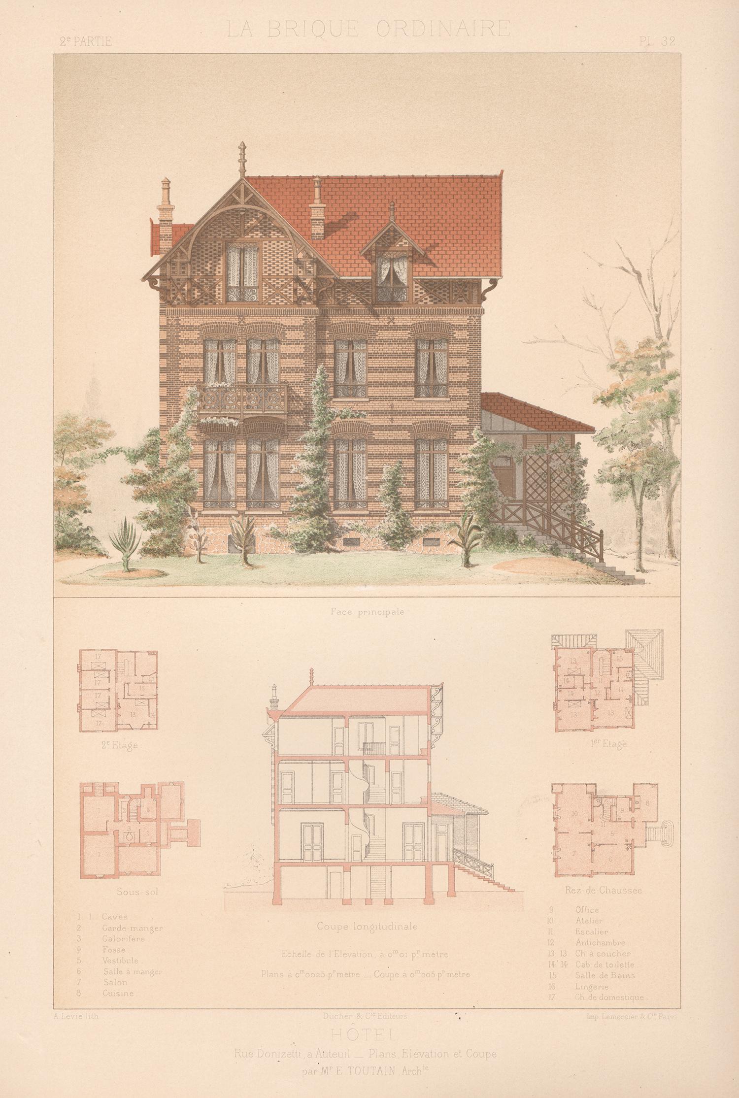 Jean-Francois Daumont Landscape Print - French architecture house design lithograph, late 19th century, 1878