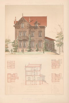 French architecture house design lithograph, late 19th century, 1878