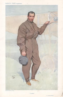 Antique Claude Grahame-White, aviator, Vanity Fair portrait chromolithograph, 1911