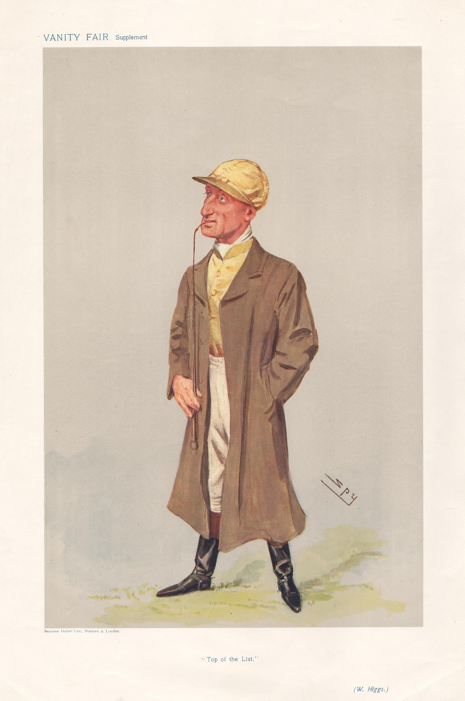 Sir Leslie Ward Portrait Print - William Higgs, jockey, Vanity Fair horse racing portrait chromolithograph, 1906