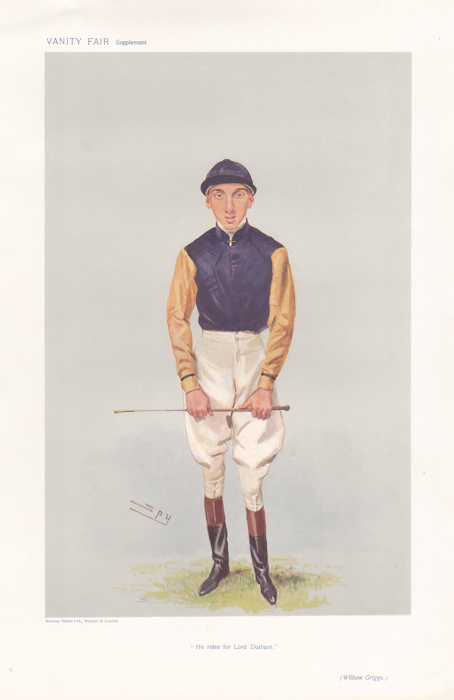 Portrait Print Sir Leslie Ward - William Griggs, jockey, chromolithographie de portrait de course de chevaux de Vanity Fair, 1906