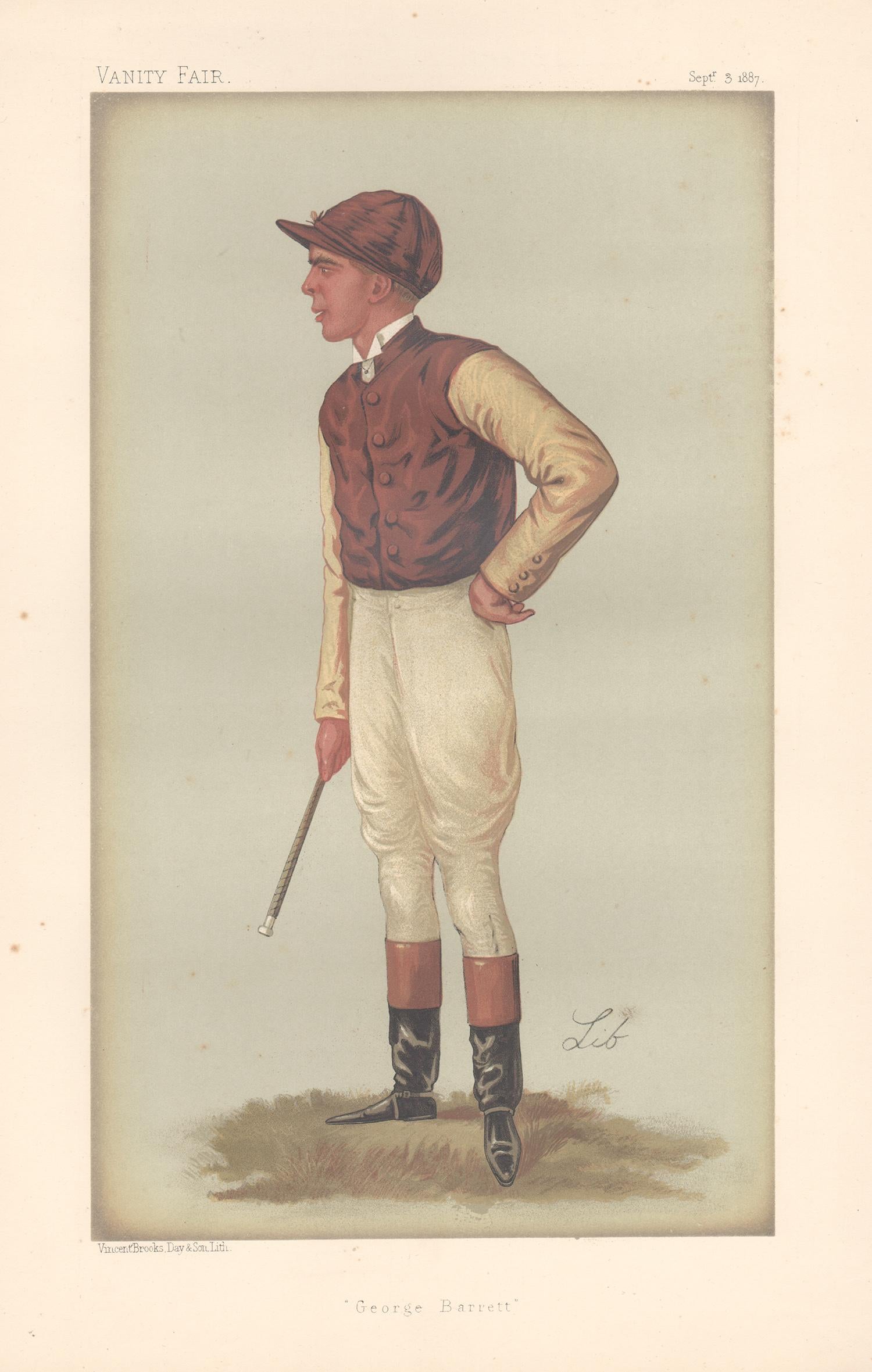 Sir Leslie Ward Portrait Print - George Barrett, jockey, Vanity Fair horse racing portrait chromolithograph, 1887