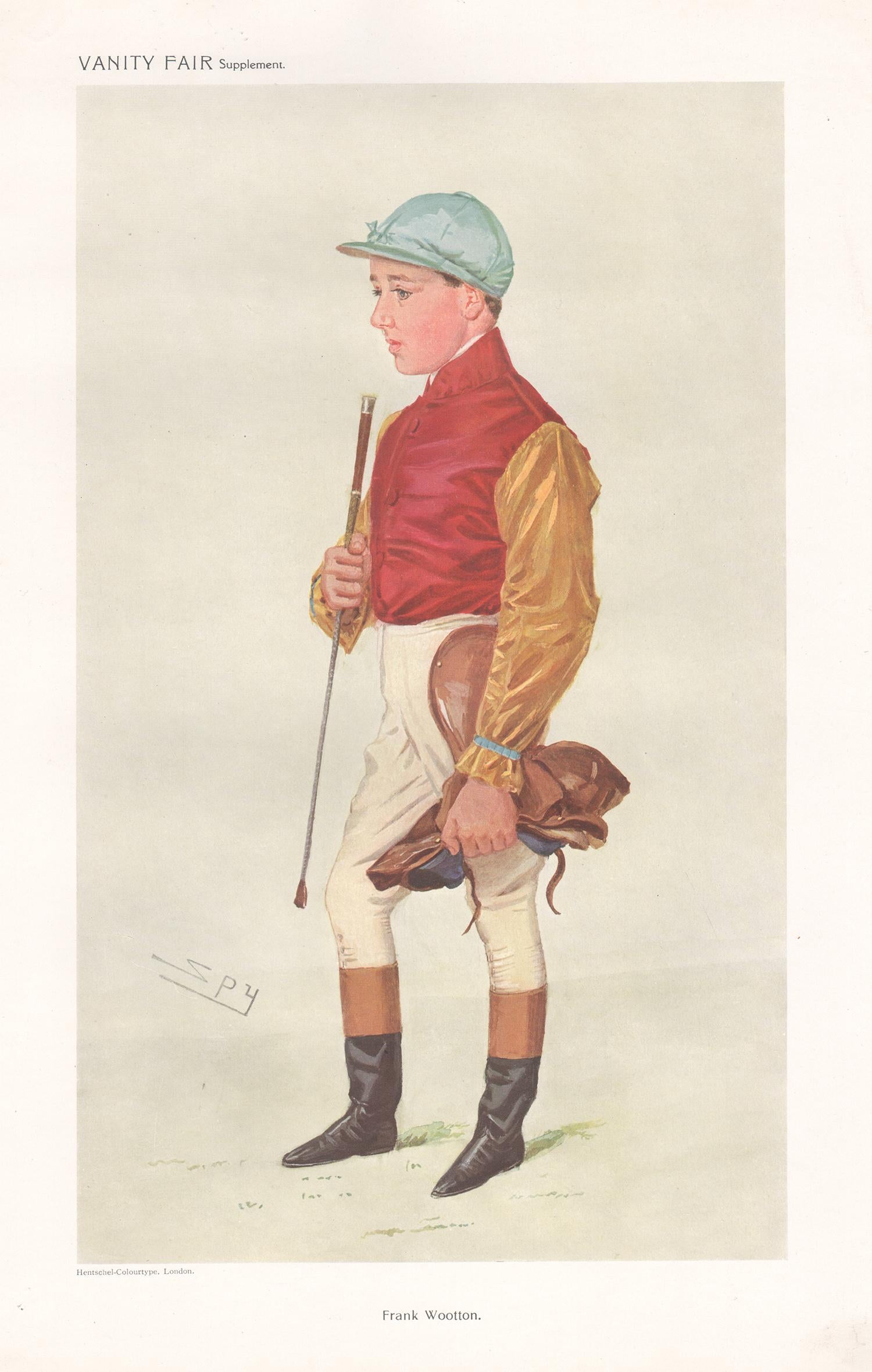 Sir Leslie Ward Portrait Print - Frank Wootton, jockey, Vanity Fair horse racing portrait chromolithograph, 1909