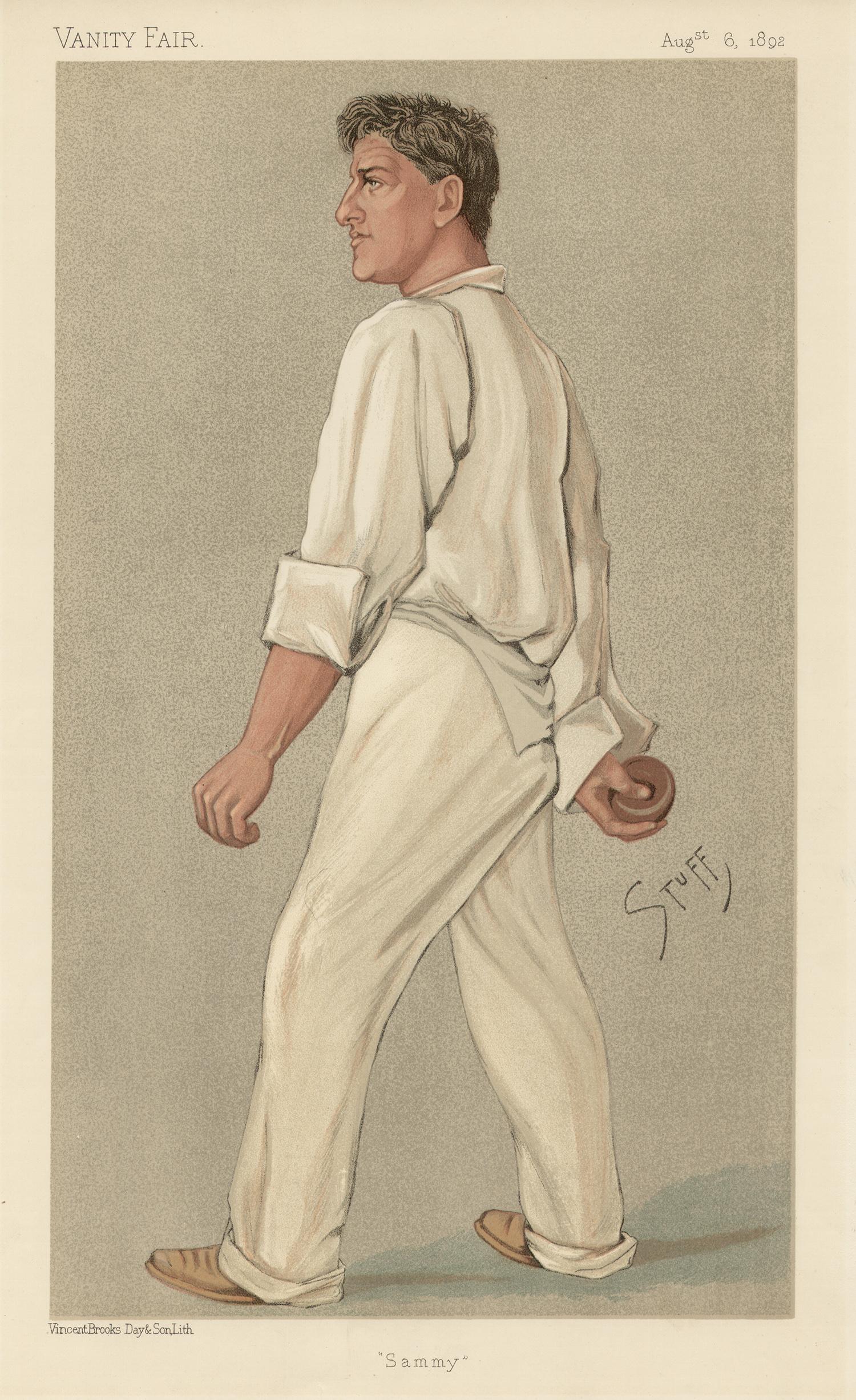 Stuff (HC Seppings Wright)  Portrait Print - Samuel Woods, Vanity Fair cricket portrait chromolithograph, 1892