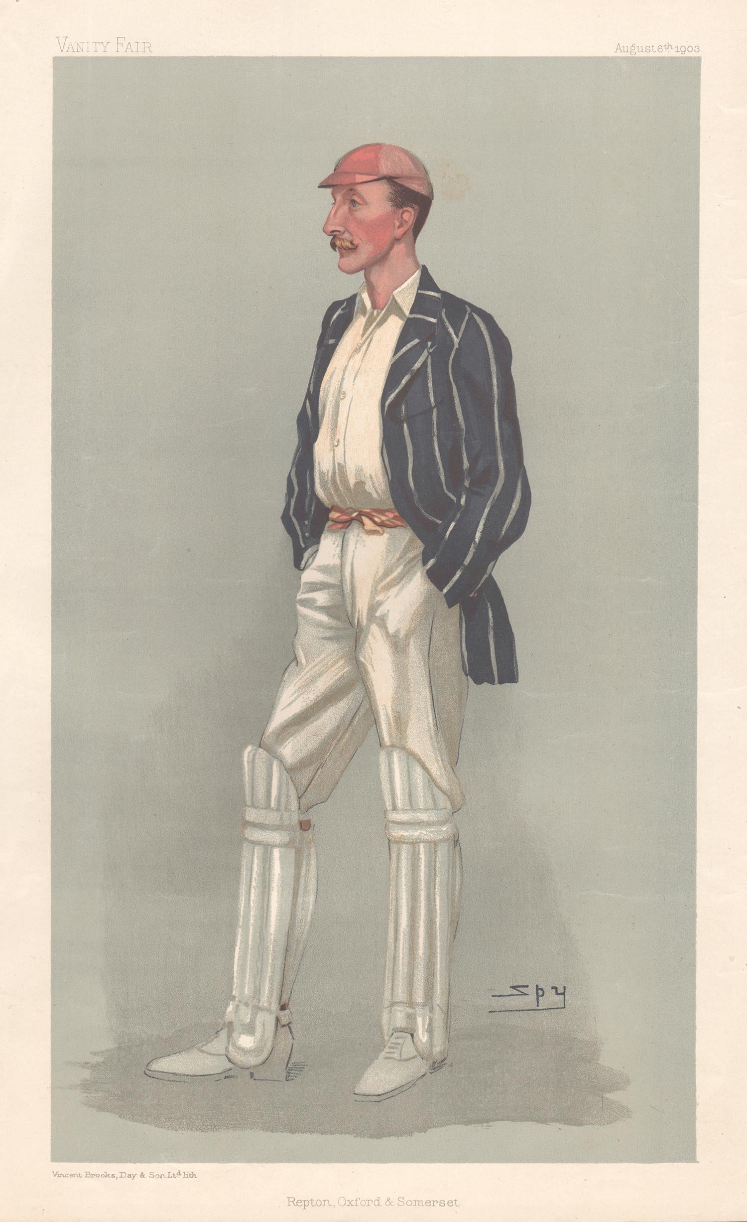 Sir Leslie Ward Portrait Print - Lionel Charles Palairet, Vanity Fair cricket portrait chromolithograph, 1903