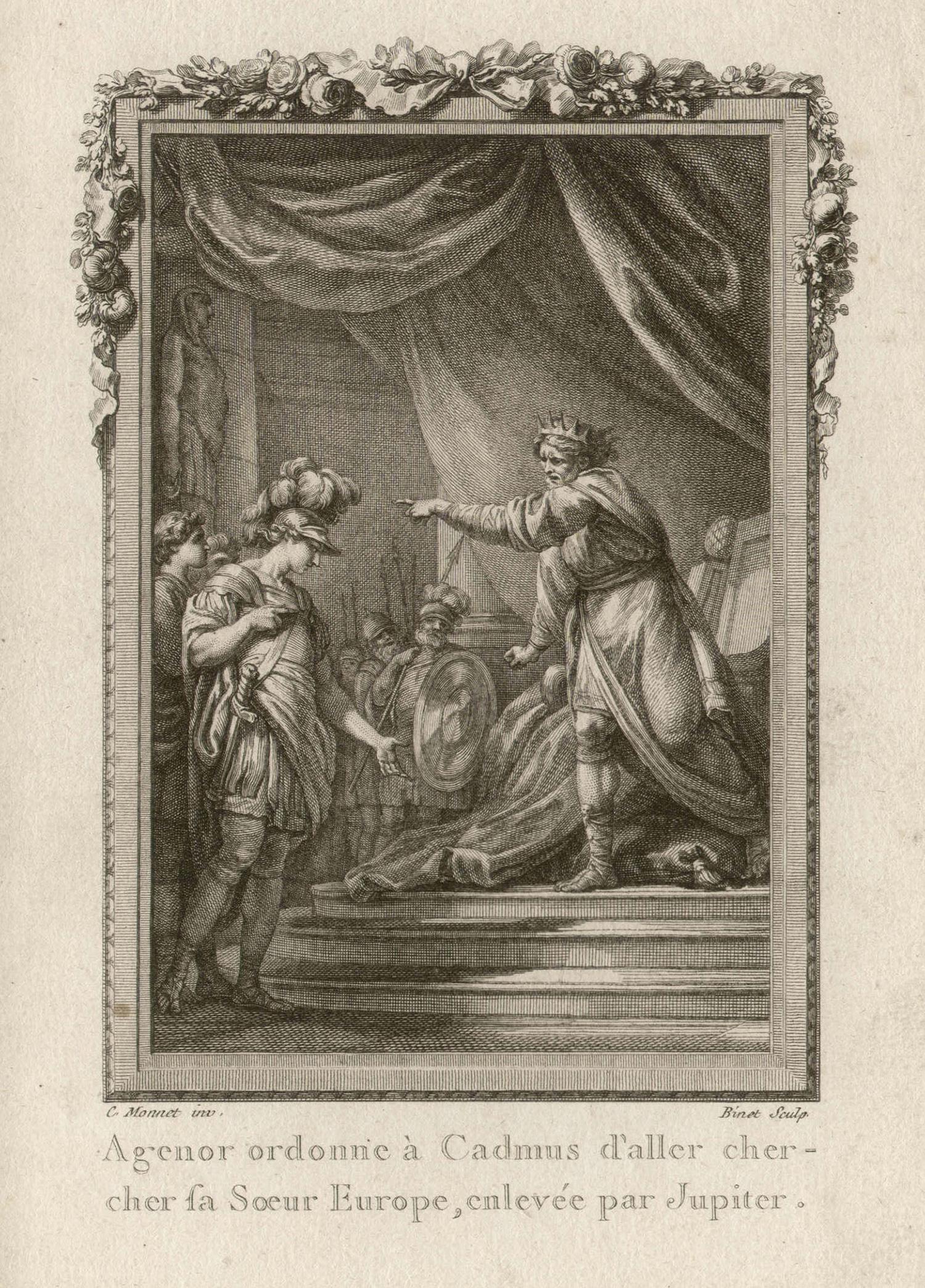 Binet after Charles Monnet (1732-1808) Figurative Print - Agenor and Cadmus, Ovid's Metamorphoses, French Classical engraving, 1768