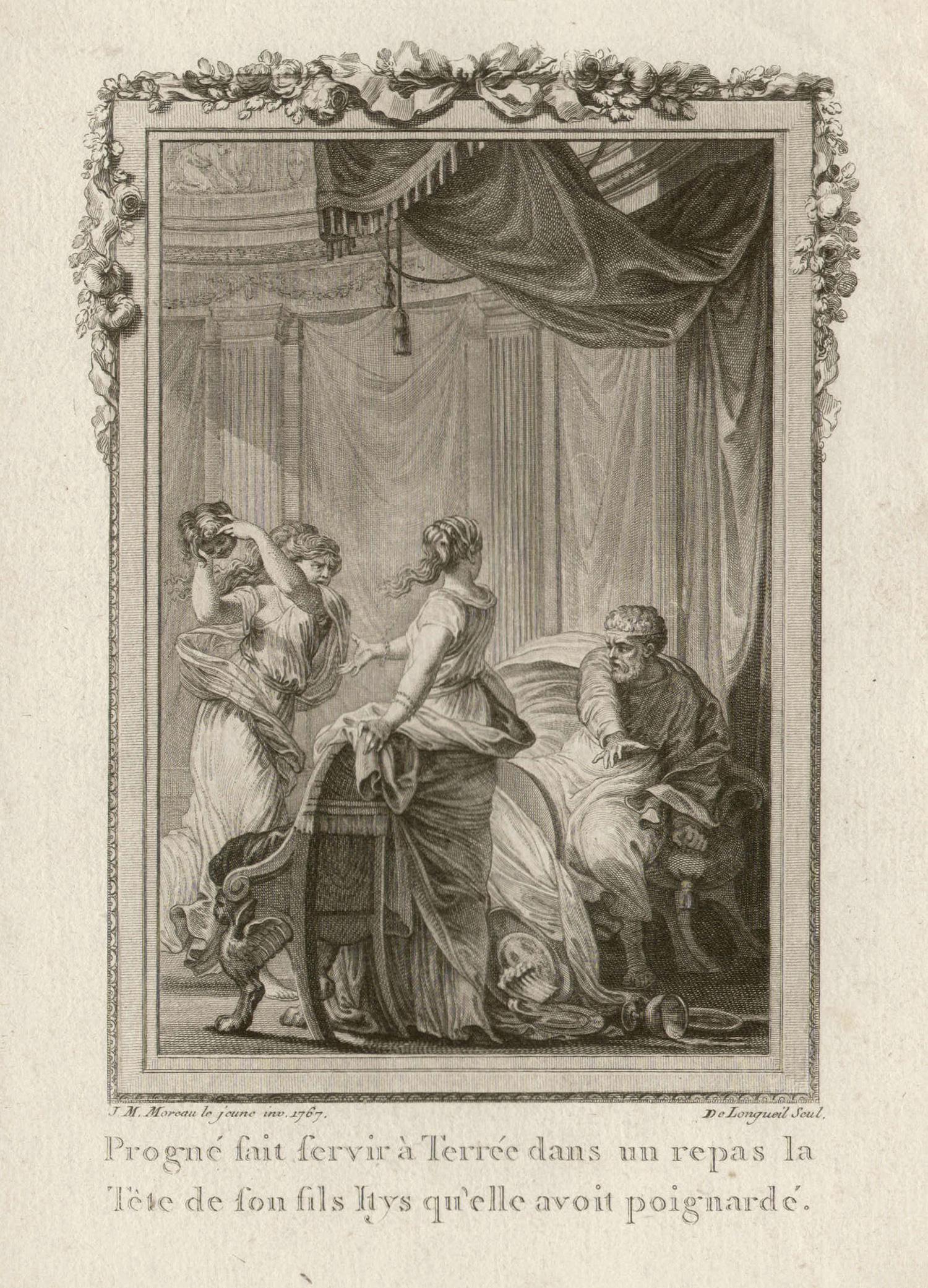Procne and Tereus, Ovid's Metamorphoses, French Classical engraving, 1768