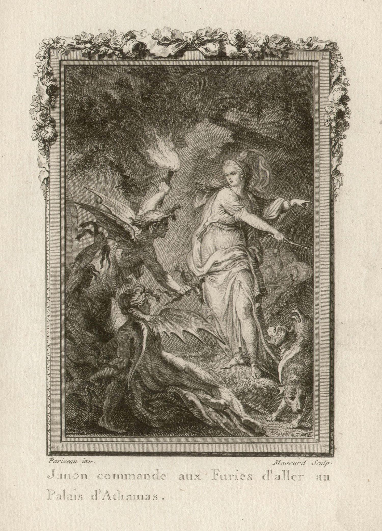 Massard after Parizeau Figurative Print - Juno and the Furies, Ovid's Metamorphoses, French Classical Myth engraving, 1768
