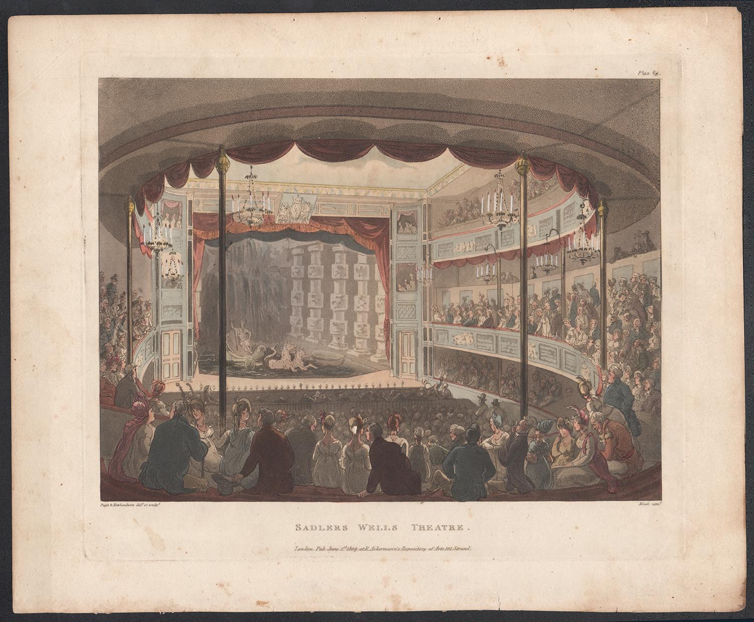 Sadlers Wells Theatre, London, colour aquatint, 1809, after Rowlandson and Pugin - Print by Unknown