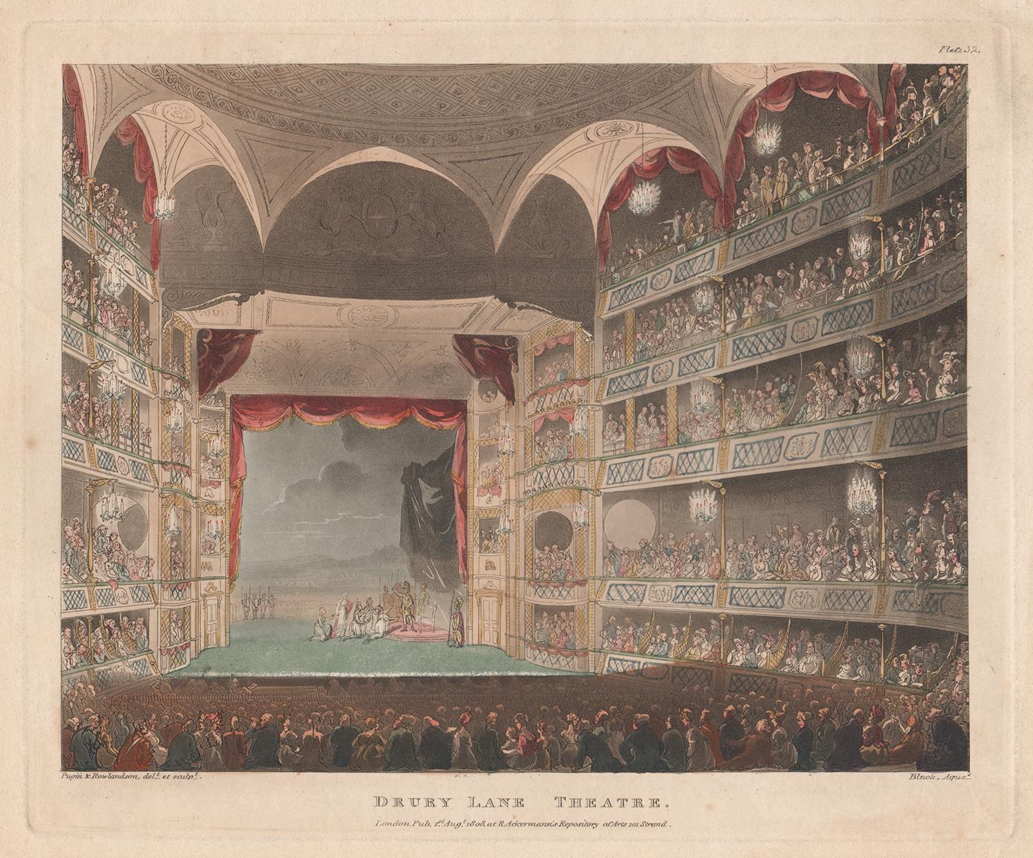 Drury Lane Theatre, London, colour aquatint, 1808, after Rowlandson and Pugin