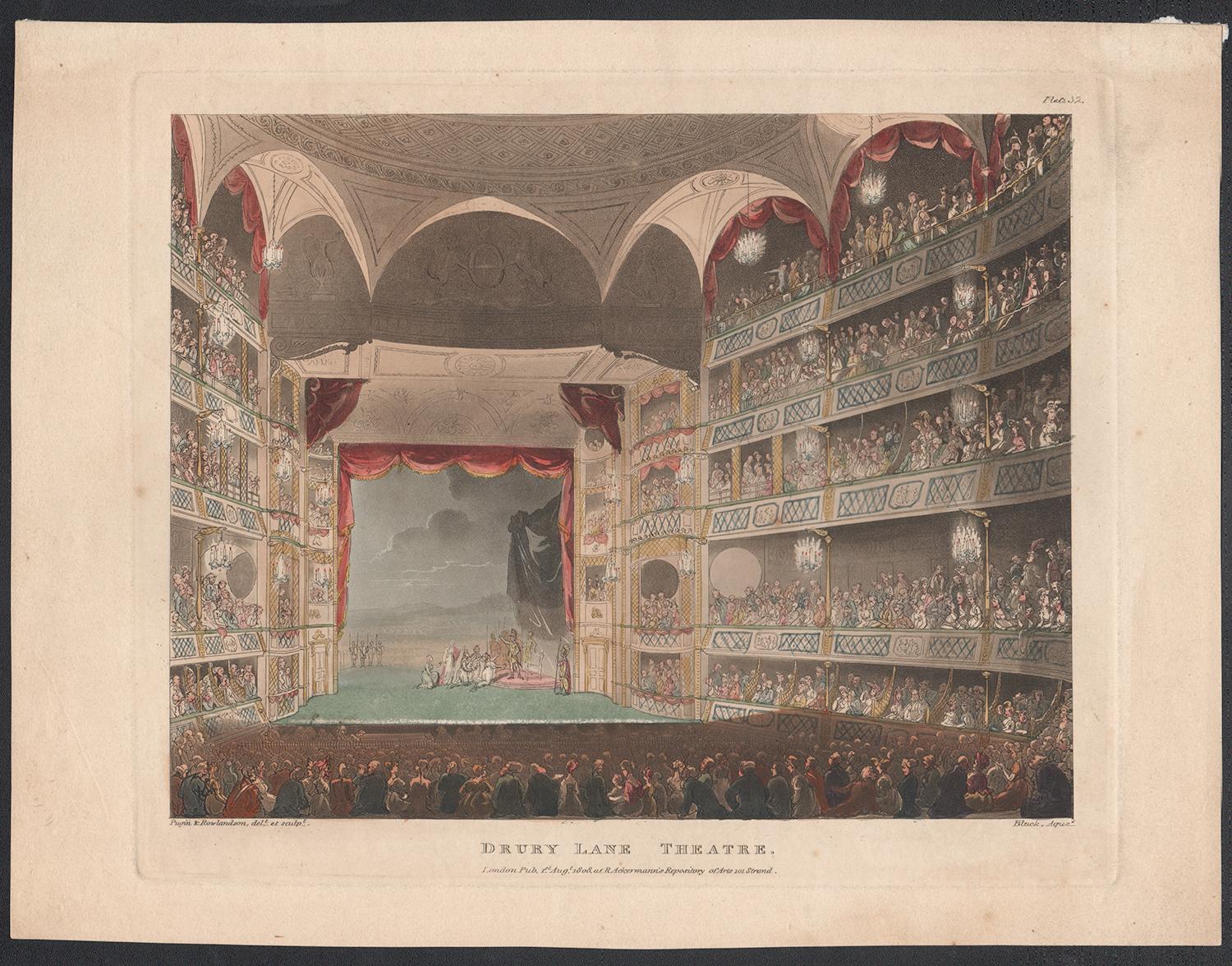 Drury Lane Theatre, London, colour aquatint, 1808, after Rowlandson and Pugin - Print by Unknown