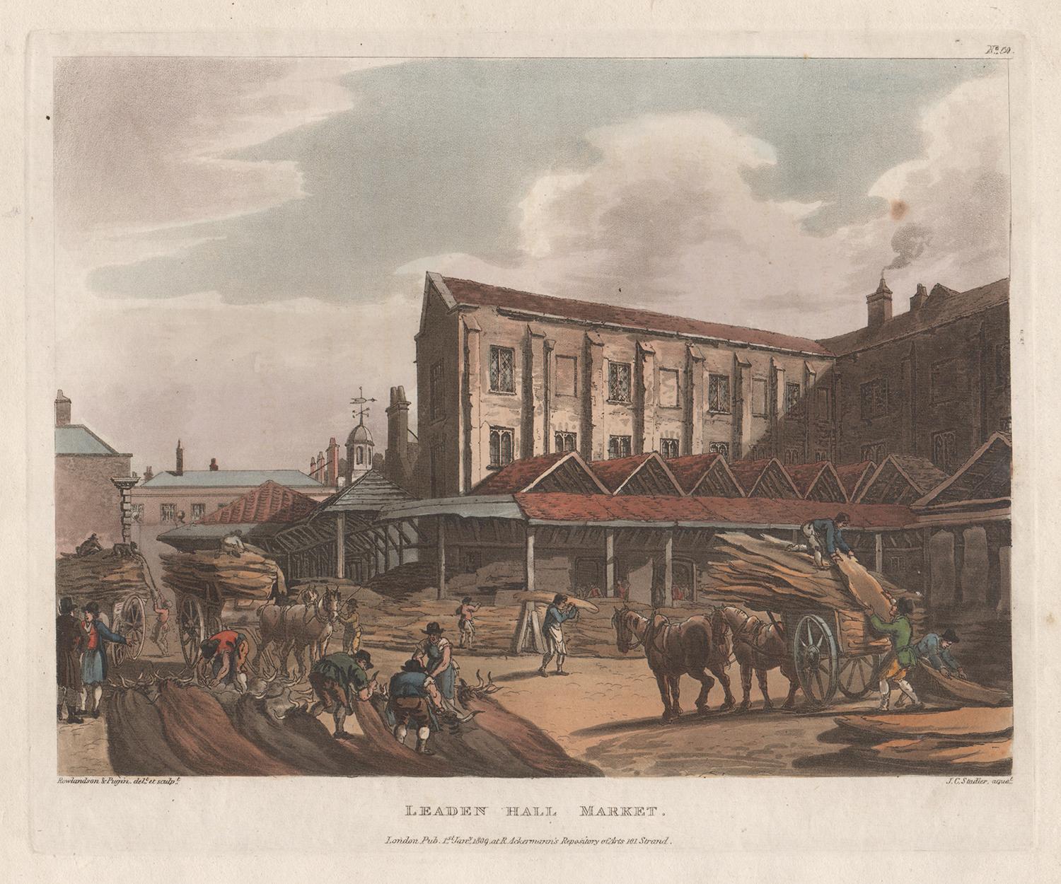 Mercato di Leaden Hall, Londra, acquatinta a colori, 1809, dopo Thomas Rowlandson