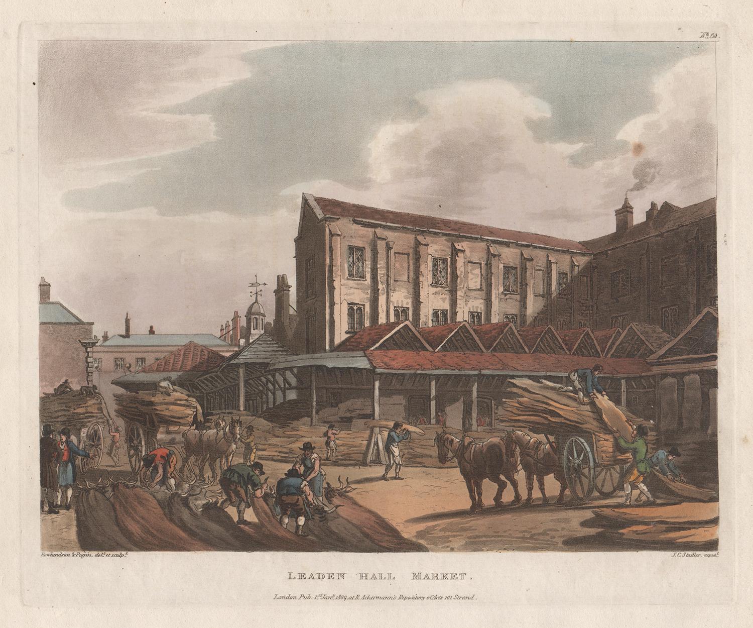 Unknown Interior Print – Leaden Hall Market, London, Farbe Aquatinta, 1809, nach Thomas Rowlandson