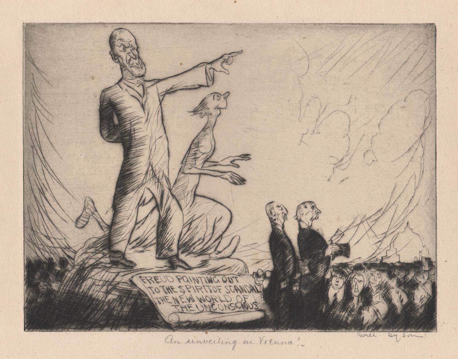 Vom Künstler unterhalb des Bildes signiert und betitelt. Satirische Szene mit Dr. Sigmund Freud, der den Weg zu einer Geisterfigur weist, die den "Skandal" darstellt. 

Will Dyson war ein einflussreicher australischer Satiriker. 

145 mm x 190 mm