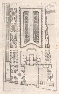 Antique French 18th century garden plan design engraving, c1750