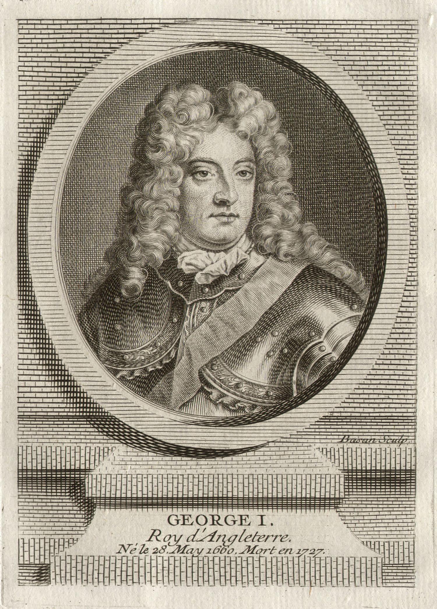 Pierre Francois Basan (1723-1797) after Founan Portrait Print – George I., König von England, königliche Porträtgravur, um 1780