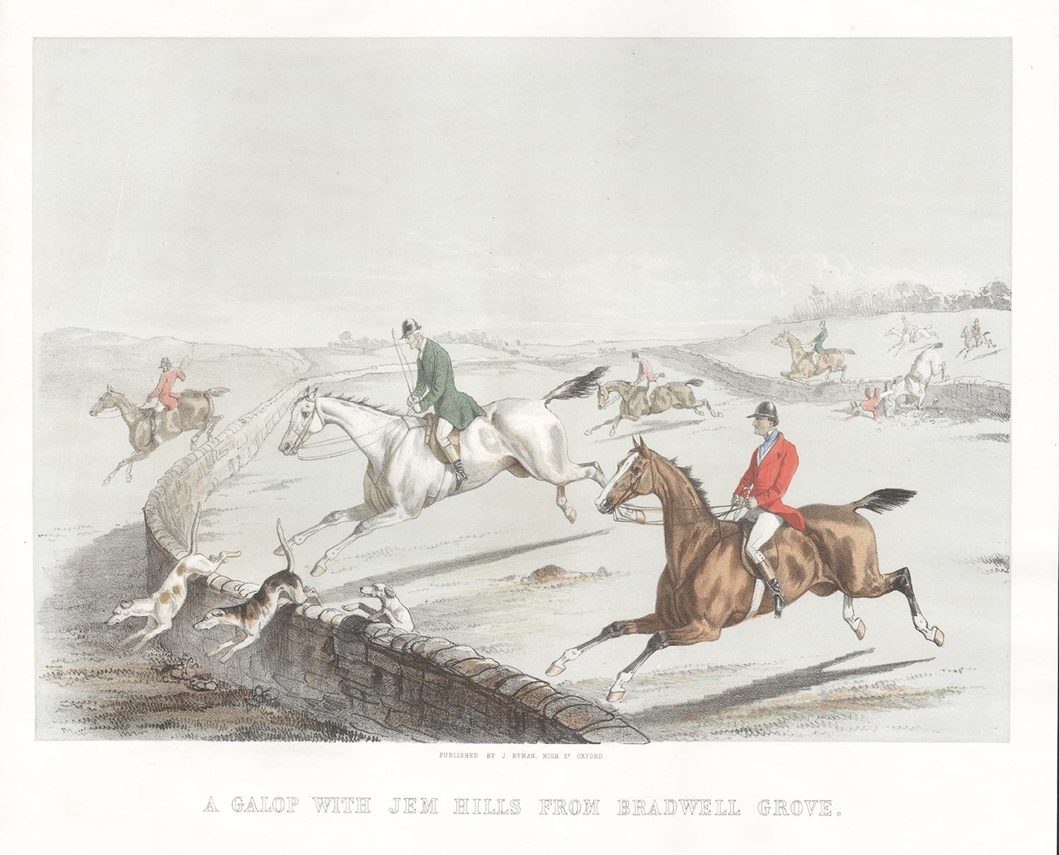 Lithographie anglaise de chasse de Bradwell Grove représentant un plateau avec des collines de pierres précieuses, vers 1850