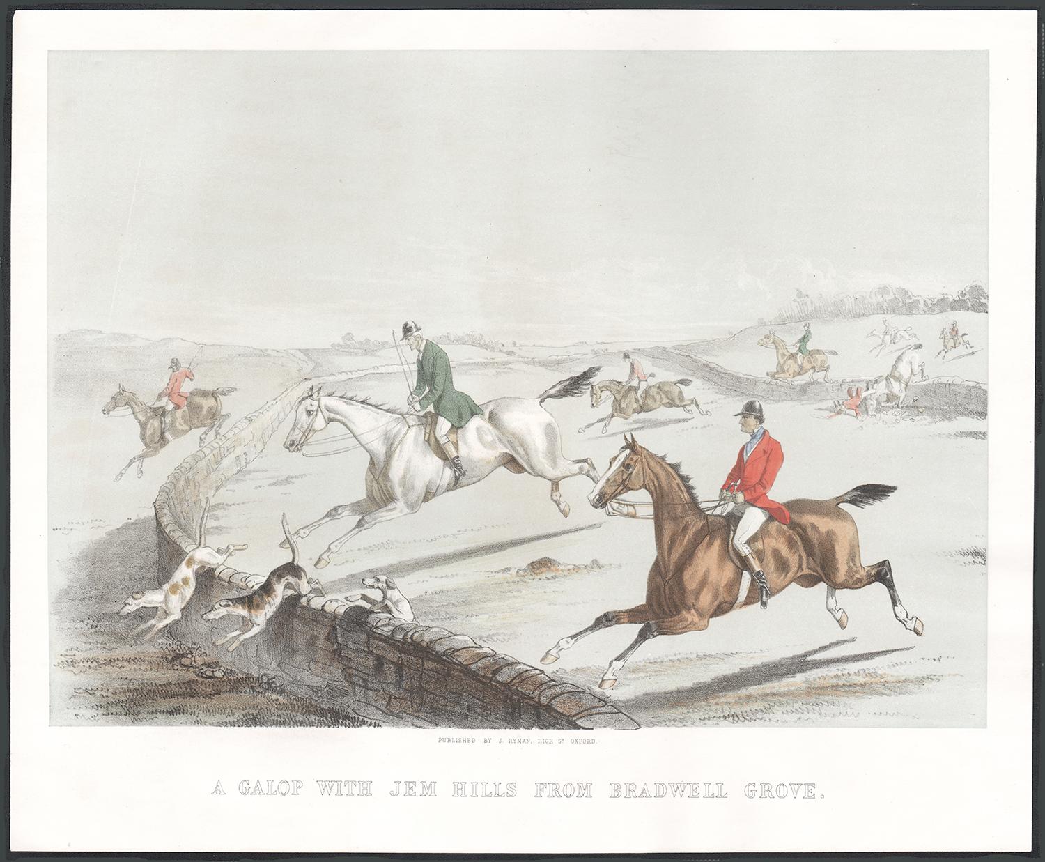A Galop with Jem Hills from Bradwell Grove, English hunting lithograph, c1850 - Print by Unknown