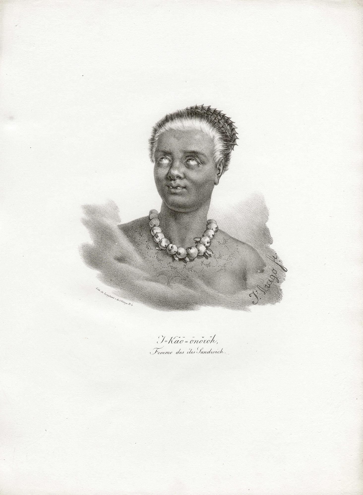 'T-Kaa-Onoroh, Femme des iles-Sandwich', Hawaii, antique lithograph print - Print by After Jacques Arago