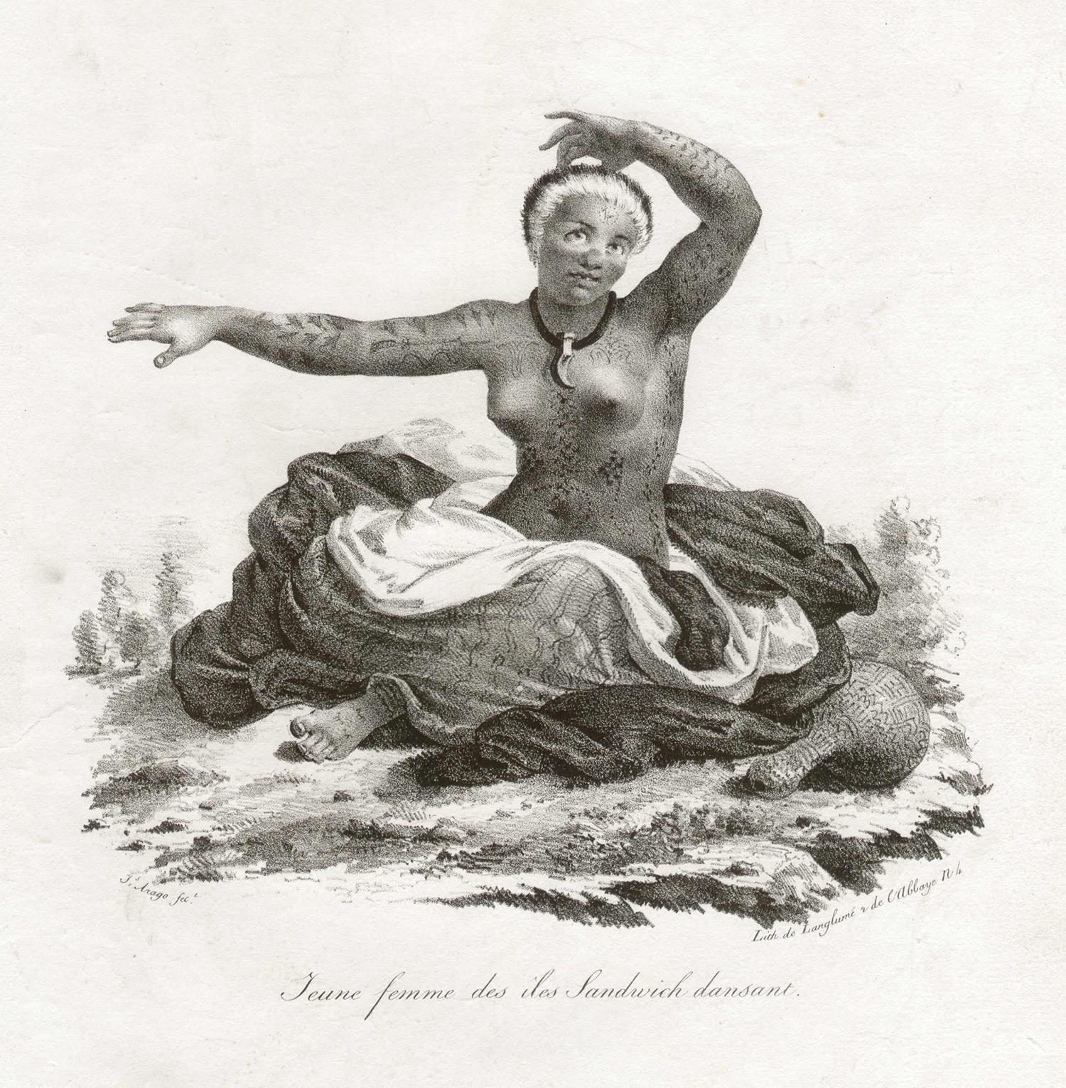 'Jeune Femme des Iles Sandwich dansant', Hawaii, antique lithograph print