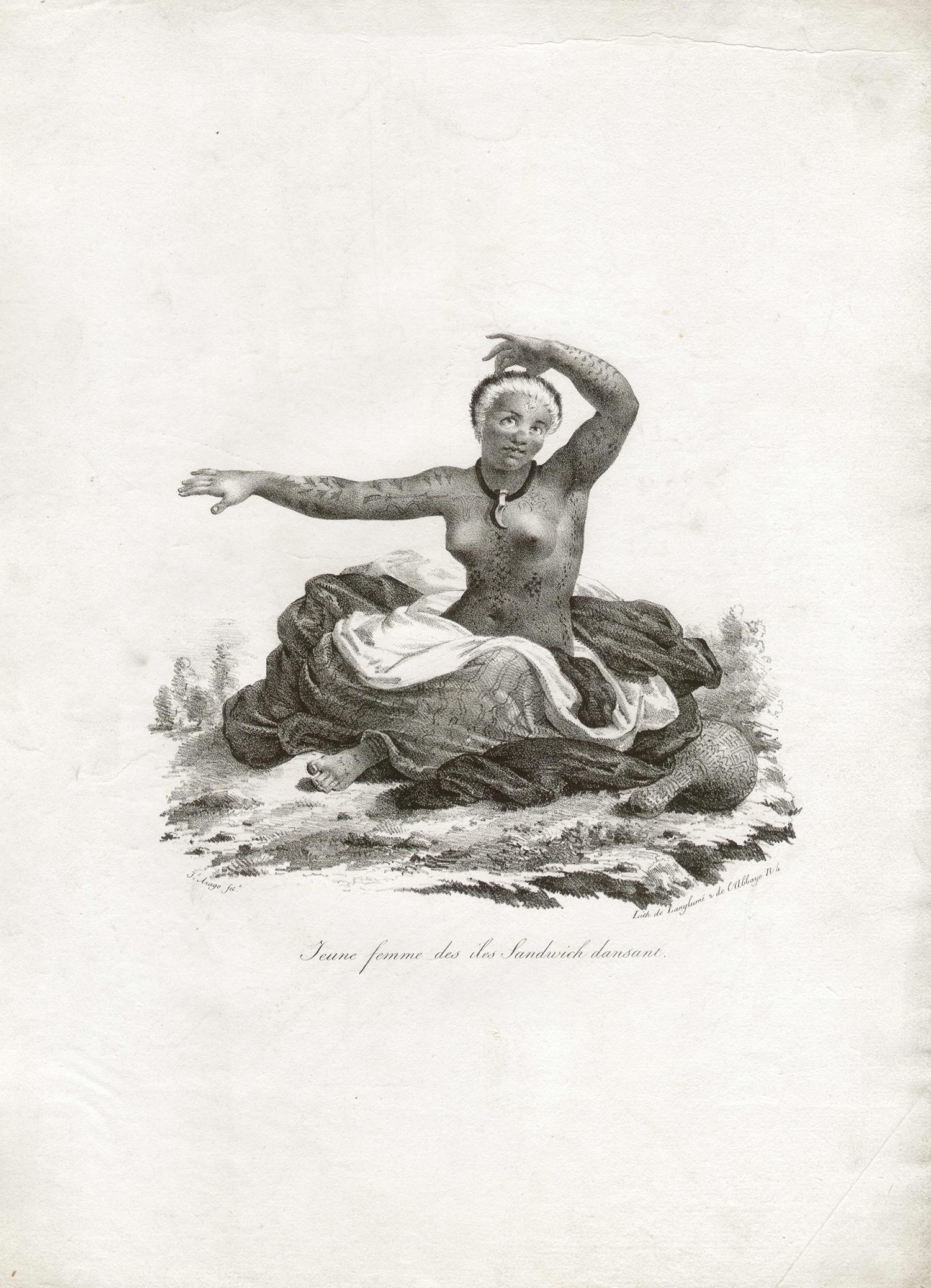 'Jeune Femme des Iles Sandwich dansant', Hawaii, antique lithograph print - Print by After Jacques Arago