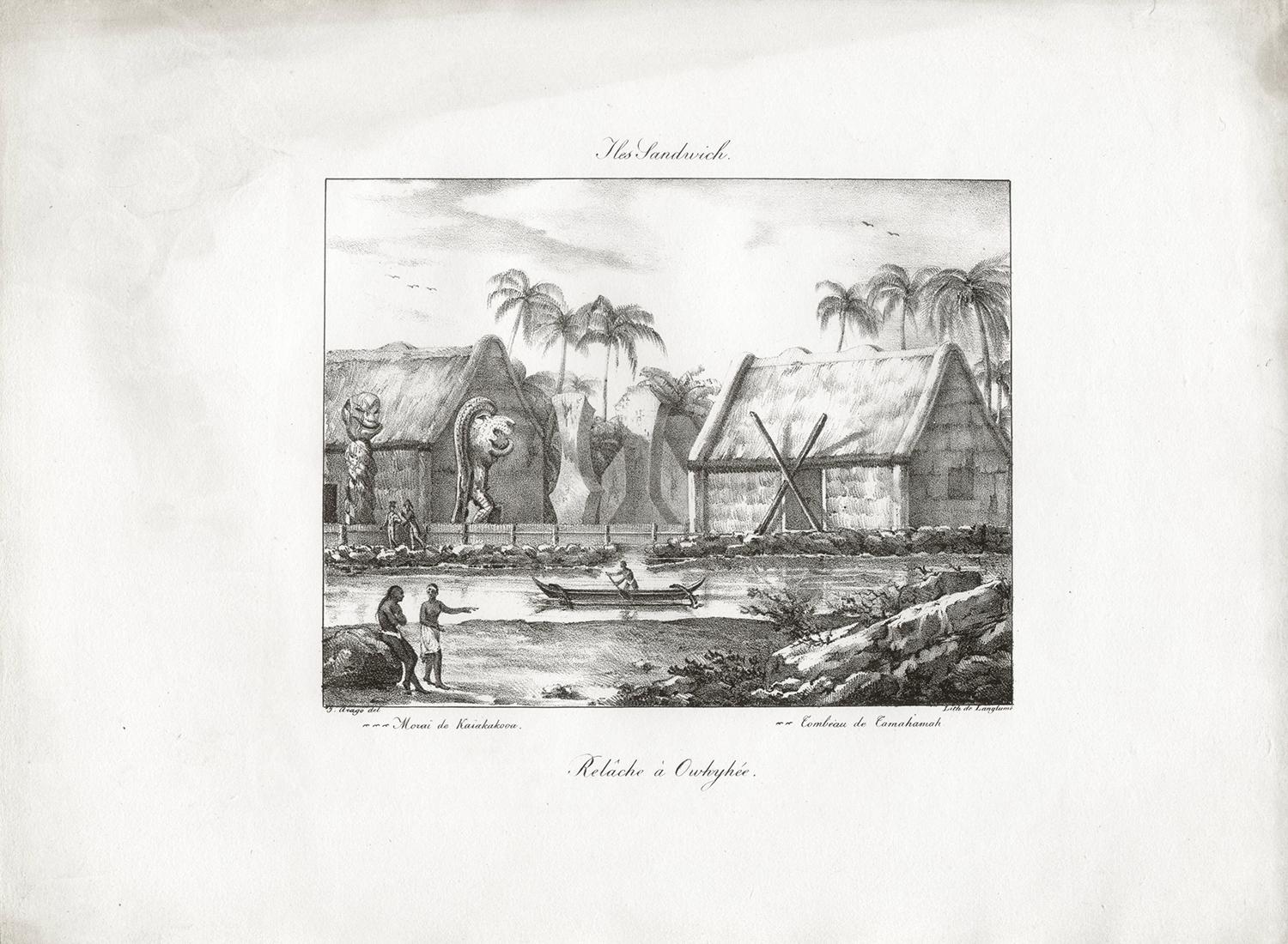 'Iles Sandwich - Relache a Owhyhee', Hawaii, antique lithograph print - Print by After Jacques Arago