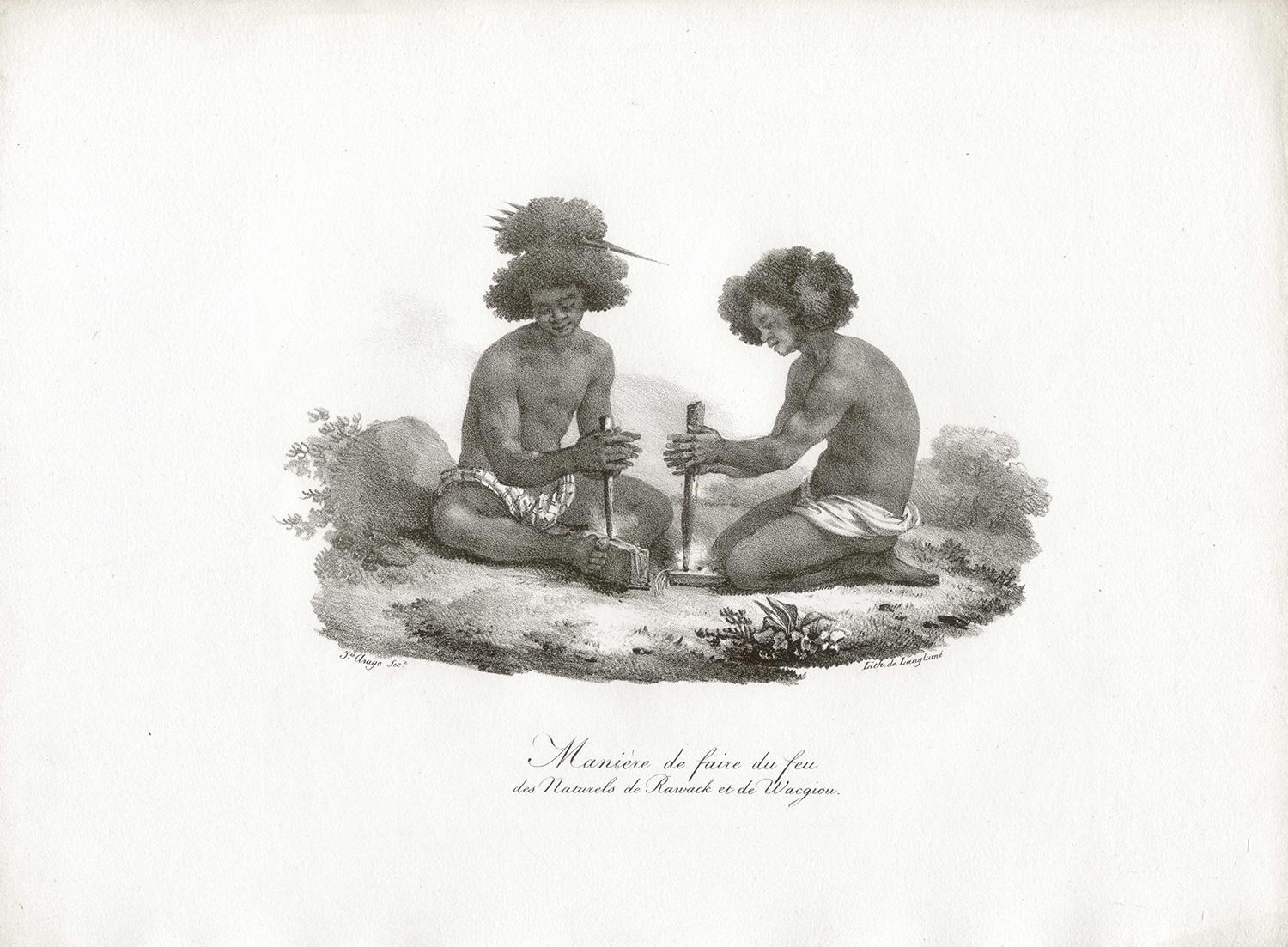 Maniere de faire du feu des Naturels de Rawack et de Wacgiou, lithograph - Print by After Jacques Arago