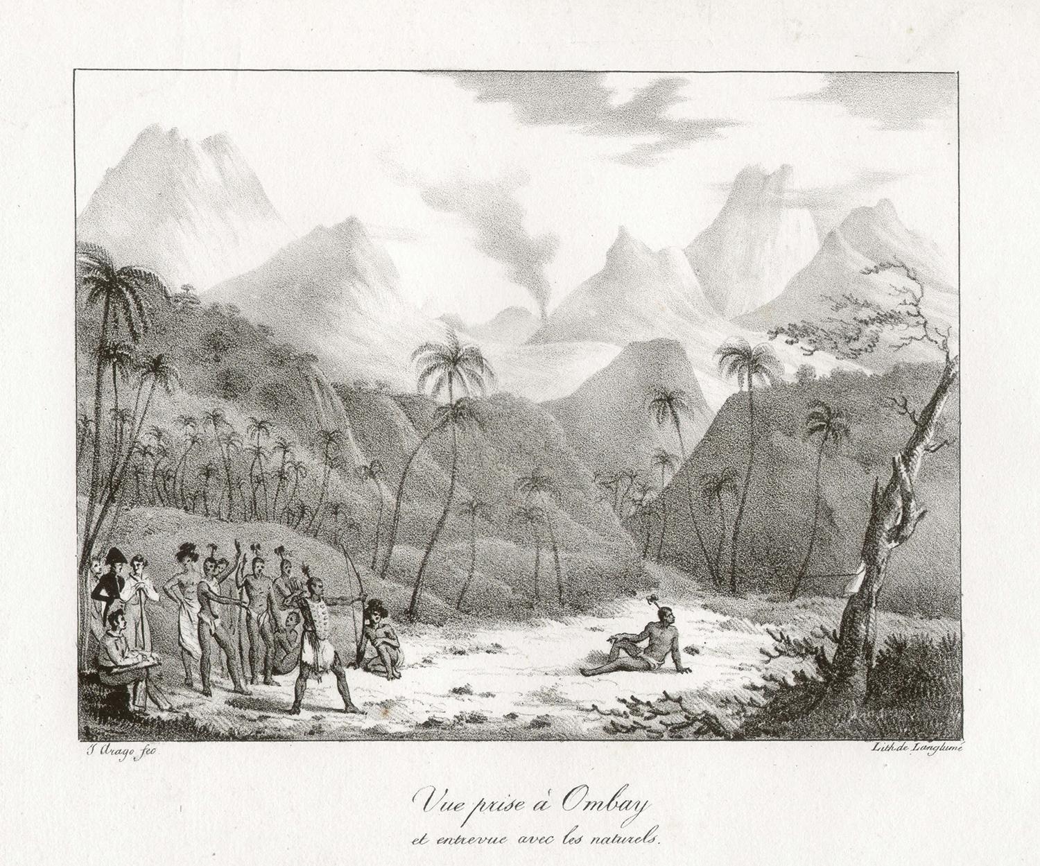 'Vue prise a Ombay et entervue avec les naturels', Freycinet lithograph