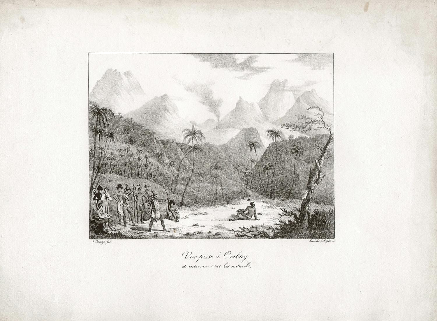 'Vue prise a Ombay et entervue avec les naturels', Freycinet lithograph - Print by After Jacques Arago