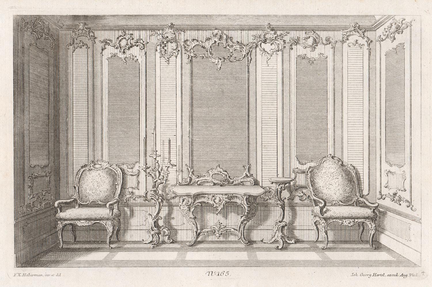 Rococo interior design and furniture, German mid 18th century etching