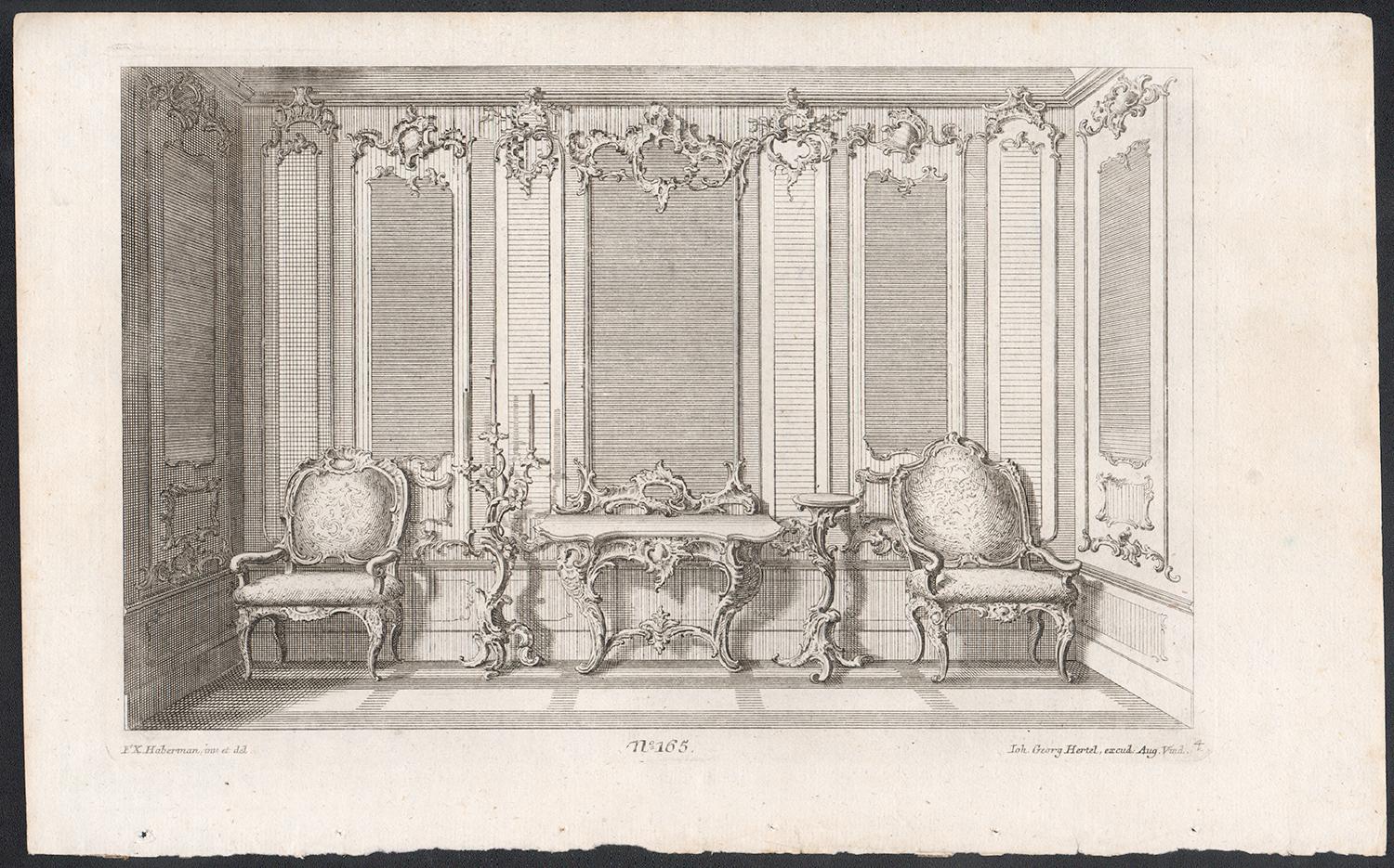 Rokoko- Innenarchitektur und Möbel, deutsche Radierung aus der Mitte des 18. Jahrhunderts – Print von Franz Xaver Habermann