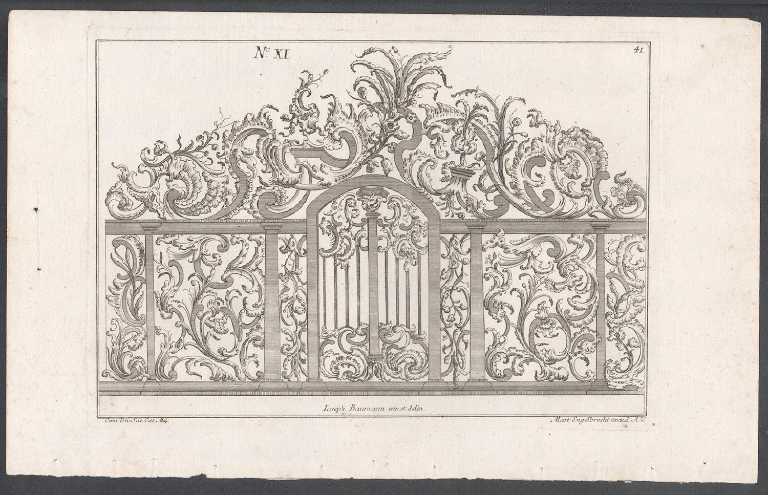 Rokoko-Design für ein Tor, deutsche Radierung aus der Mitte des 18. Jahrhunderts – Print von Joseph Baumann
