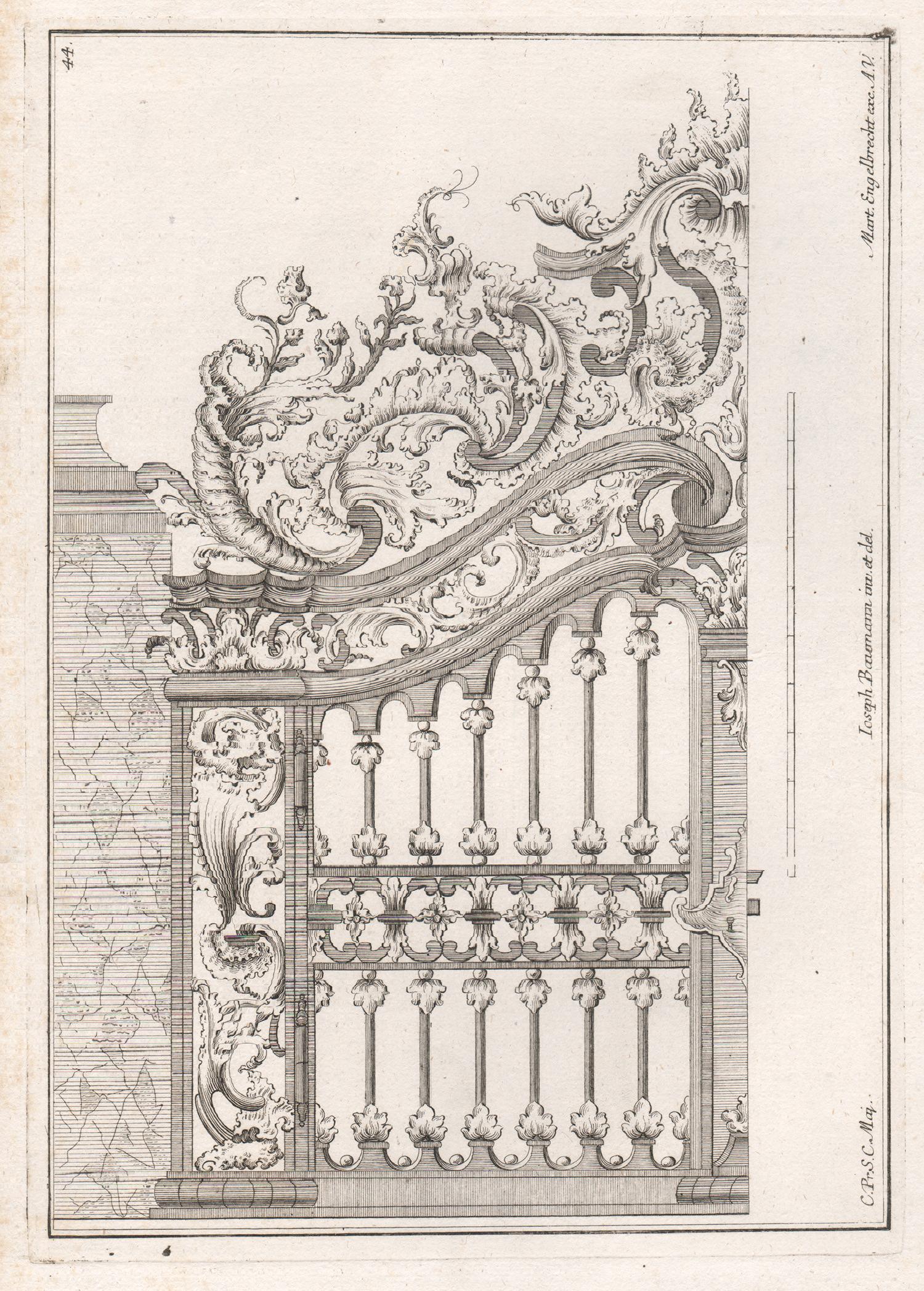 Rokoko-Design für ein Tor, deutsche Radierung aus der Mitte des 18. Jahrhunderts