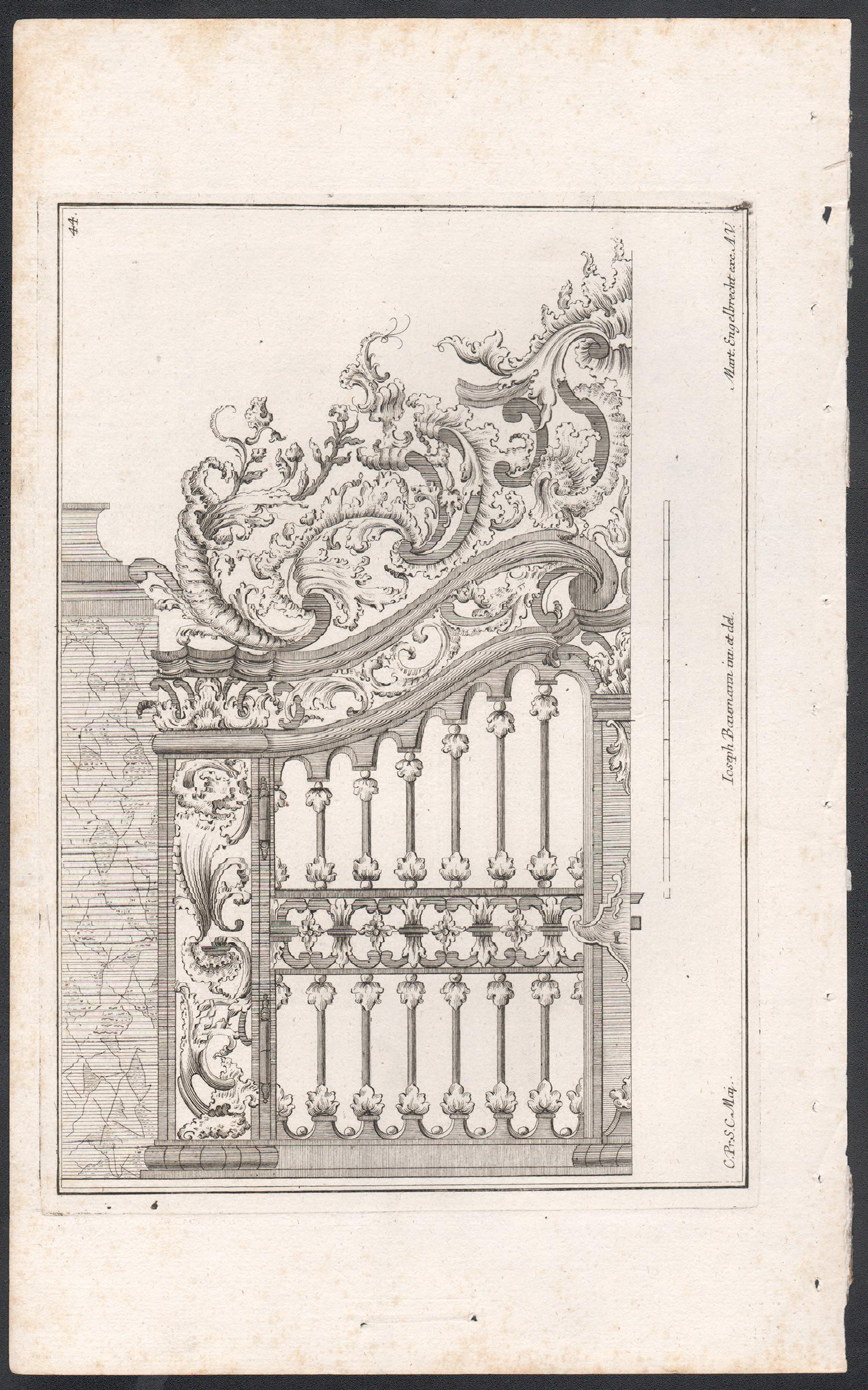 Design rococo pour une porte, gravure allemande du milieu du XVIIIe siècle - Print de Joseph Baumann