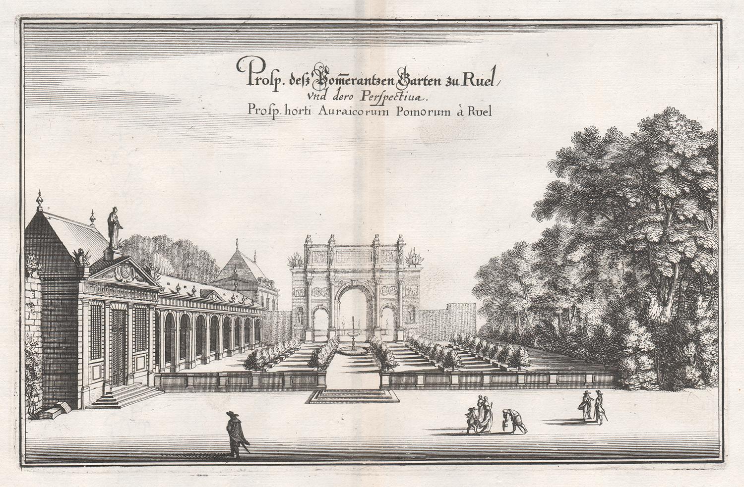 Gardens of the Chateau Rueil, Paris, France, mid 17th century engraving