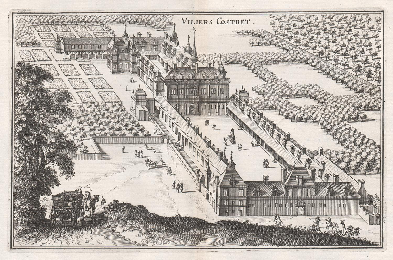 Viliers Costret, französisches Schloss, architektonisches Plan, Kupferstich, Mitte des 17. Jahrhunderts