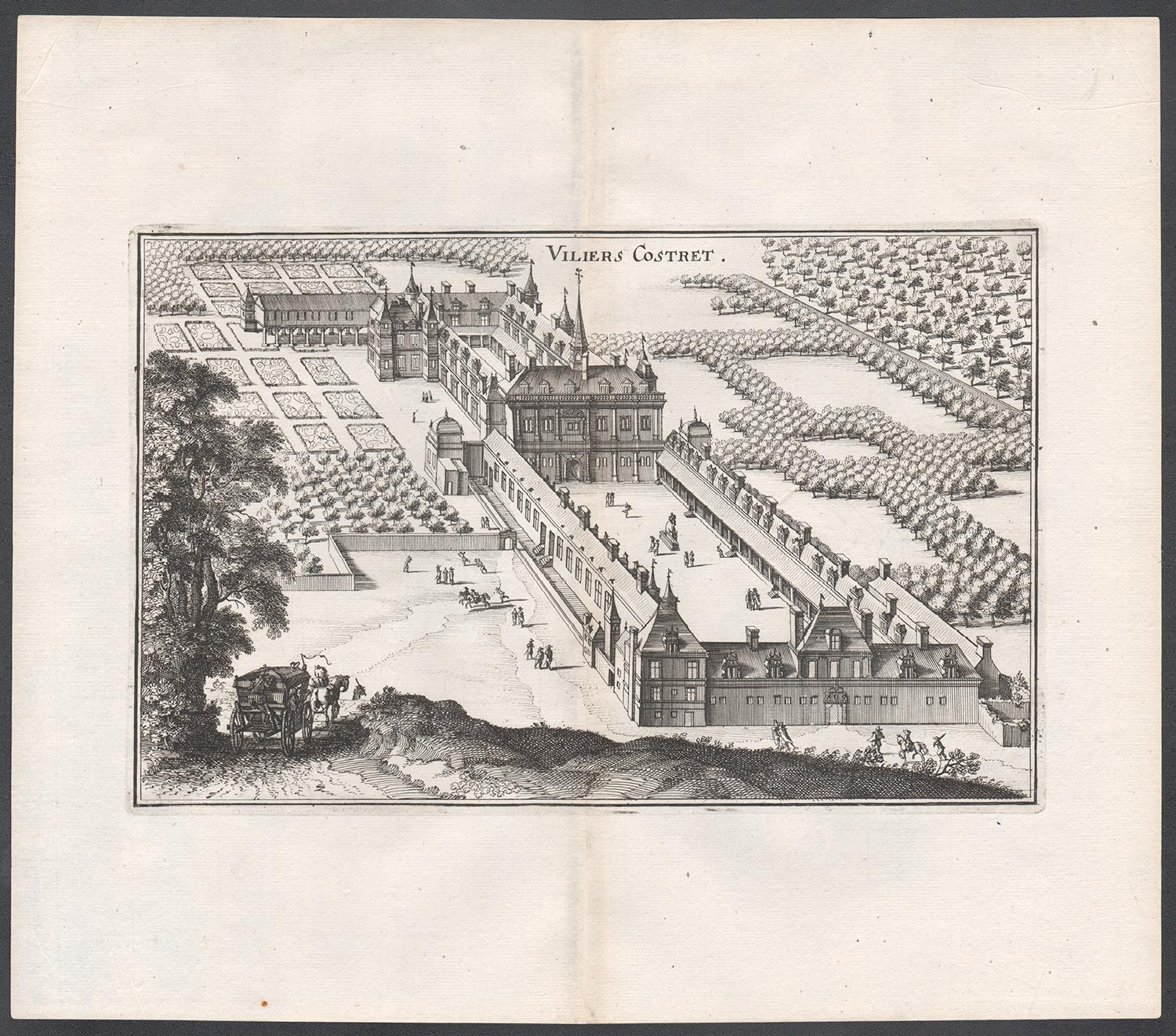 Viliers Costret, château français, plan architectural, gravure du milieu du XVIIe siècle - Print de Matthaeus Merian