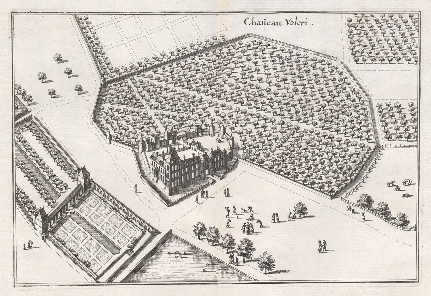 Chateau Valeri, château français, plan de propriété de jardin, gravure du milieu du XVIIe siècle